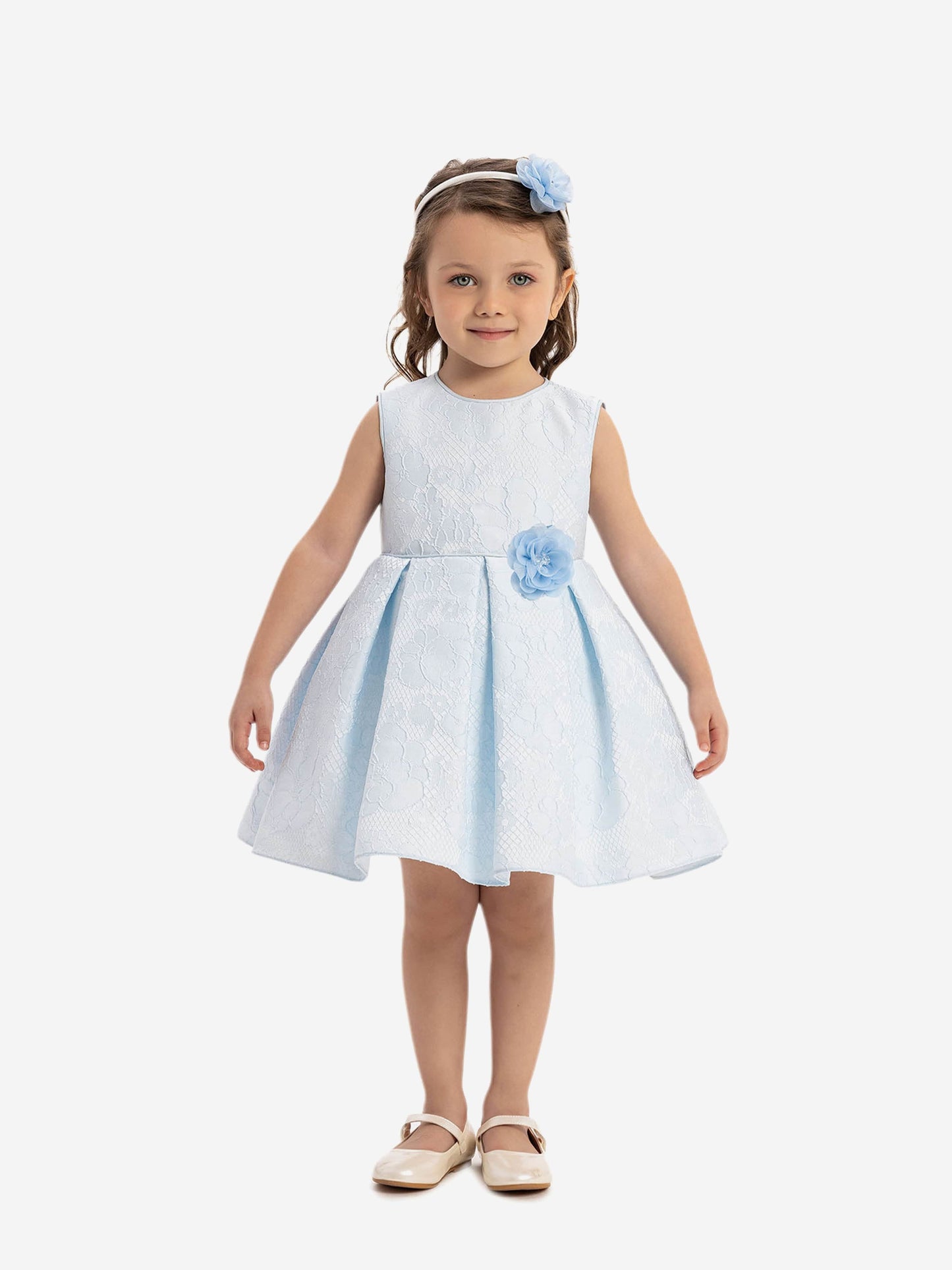 Baby girl flower dress: sleeveless white bodice, light-blue skirt panels