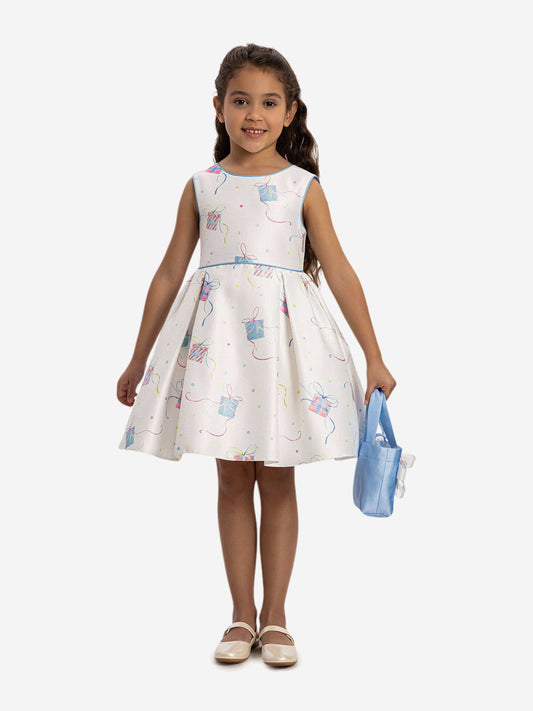 Blue girls’ party dress with white skirt, gift print, and matching blue mini bag