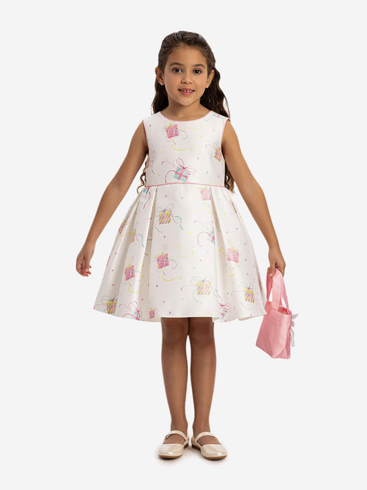 Girls party dress: white with pink-and-multicolor gift print, full skirt, with pink bag