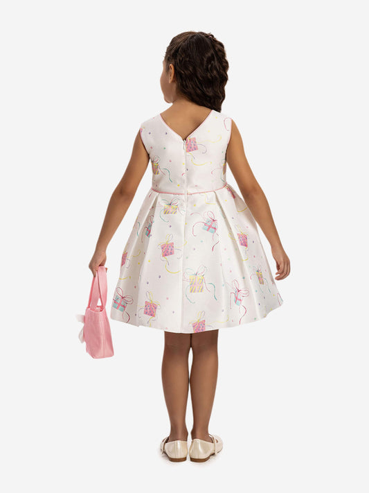 Girls party dress back view, white with gift print, full skirt, holding pink mini bag