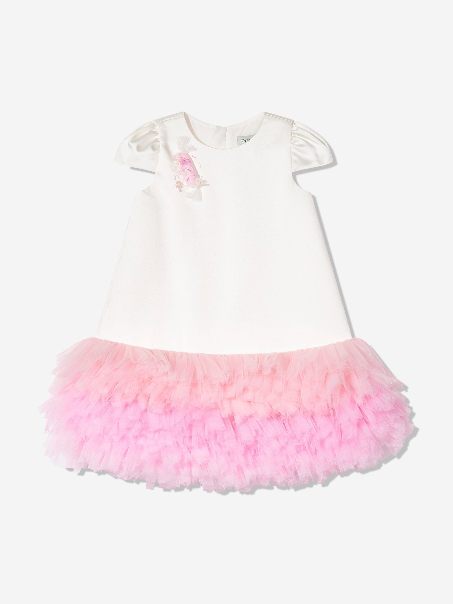 Ivory short-sleeve dress with floral applique and pink ruffled tulle skirt