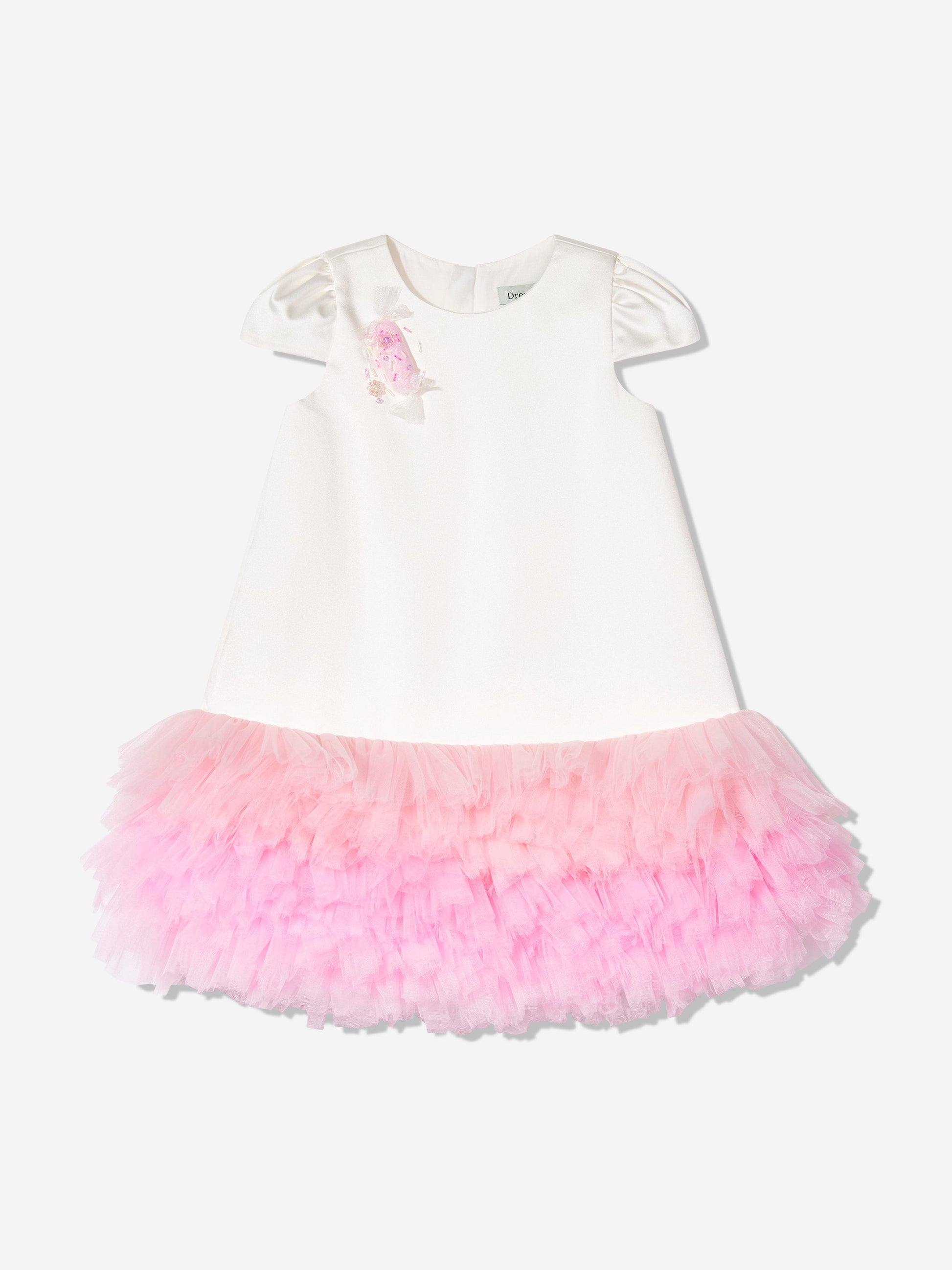 Ivory short-sleeve dress with floral applique and pink ruffled tulle skirt