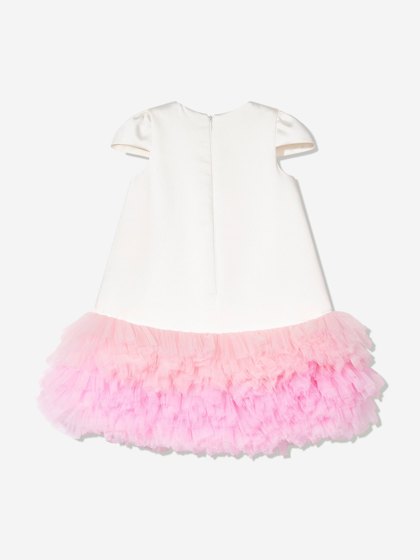 Ivory girls dress back with concealed closure and pink tulle ruffle skirt