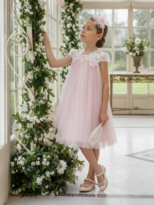 Pink occasion dress with tulle skirt, floral cap sleeves, and matching headband