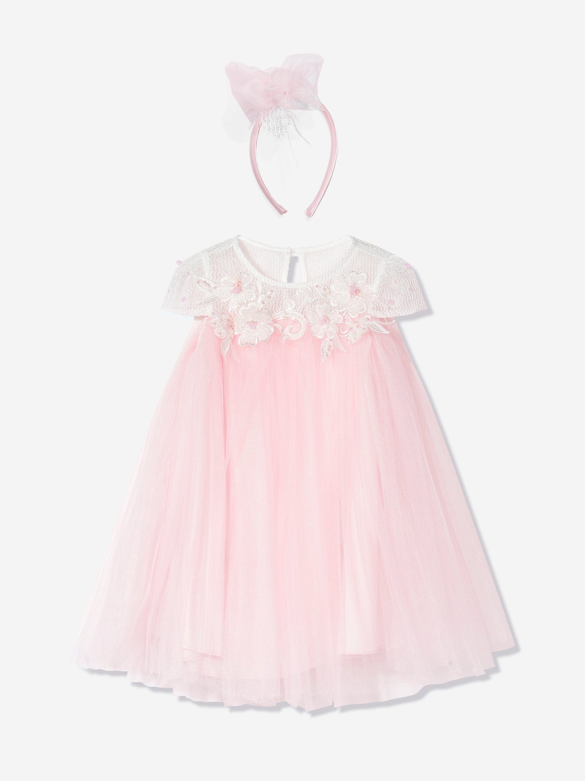 Pink girls occasion dress front: tulle skirt with embroidered floral yoke