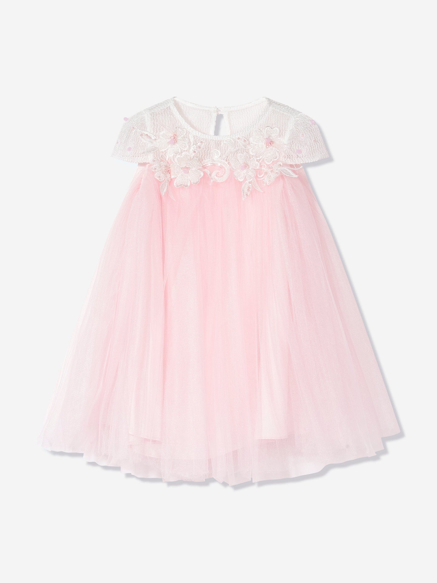 Pink occasion dress flat lay: embroidered floral yoke and tulle skirt