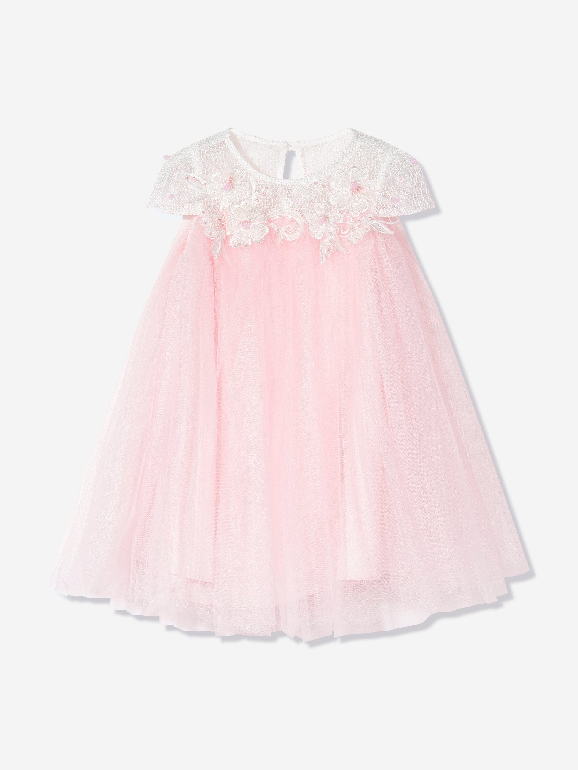 Pink occasion dress flat lay: embroidered floral yoke and tulle skirt
