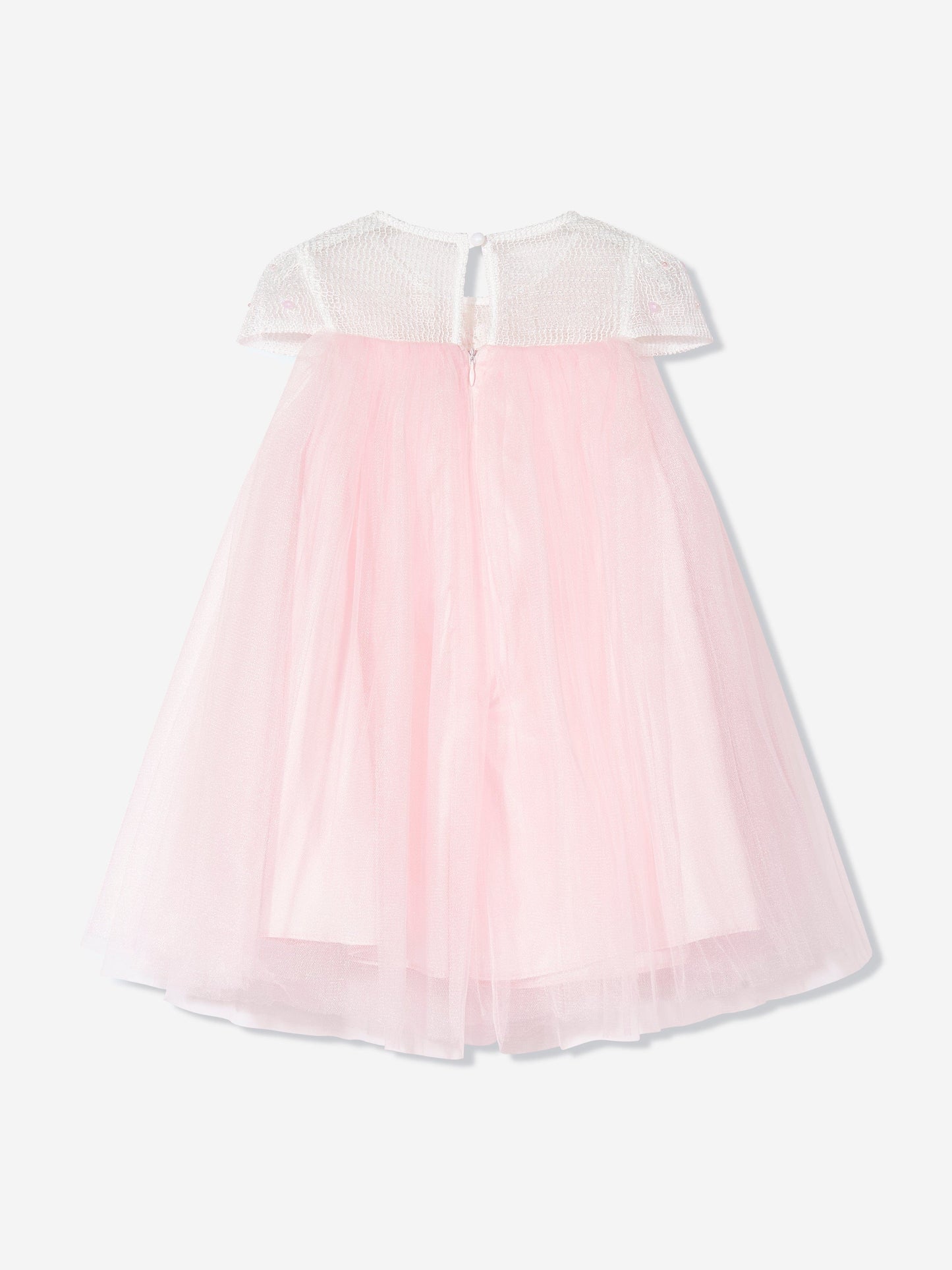 Pink occasion dress flat lay back view: sheer sleeves and tulle skirt