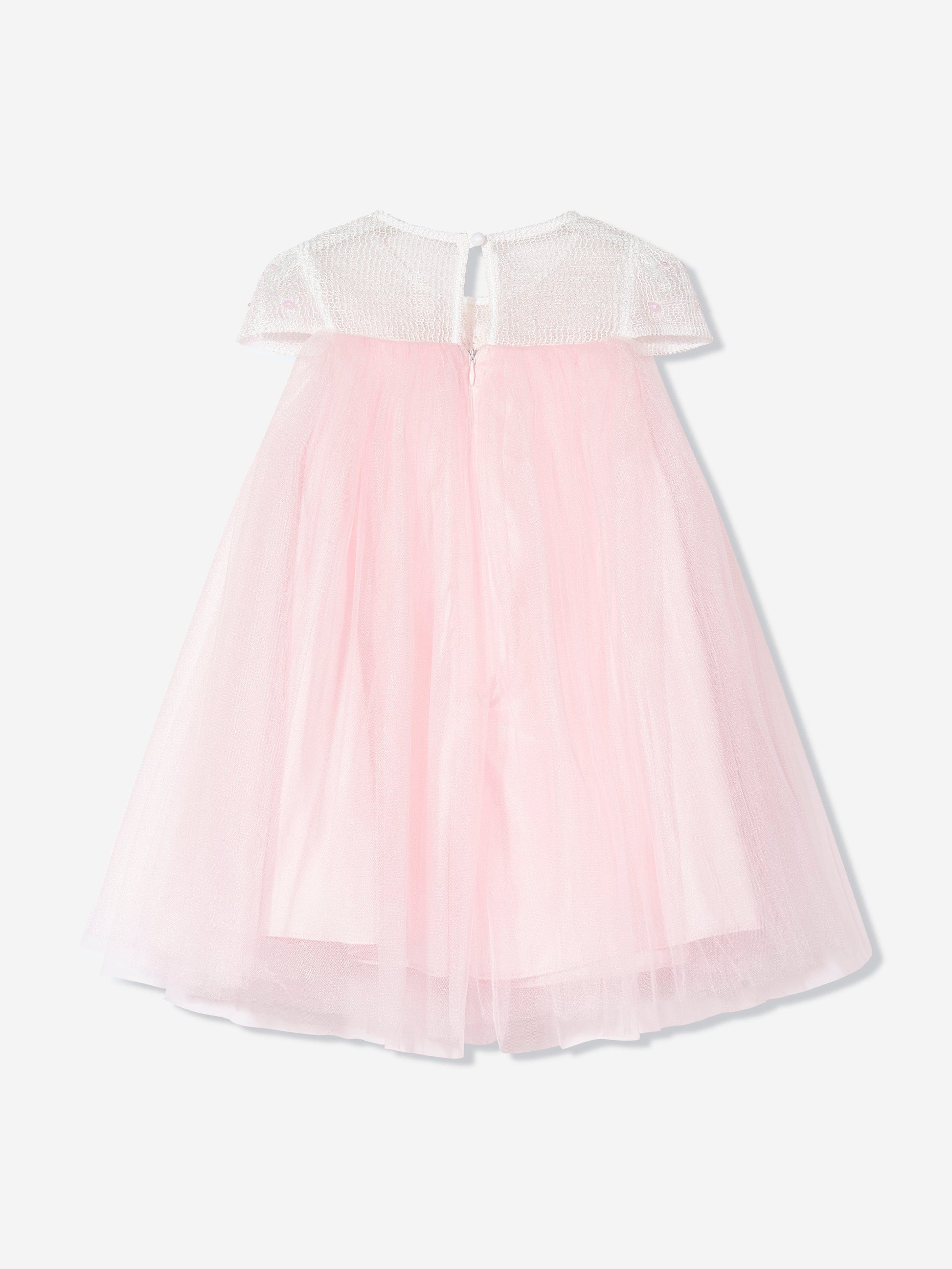 Pink occasion dress flat lay back view: sheer sleeves and tulle skirt
