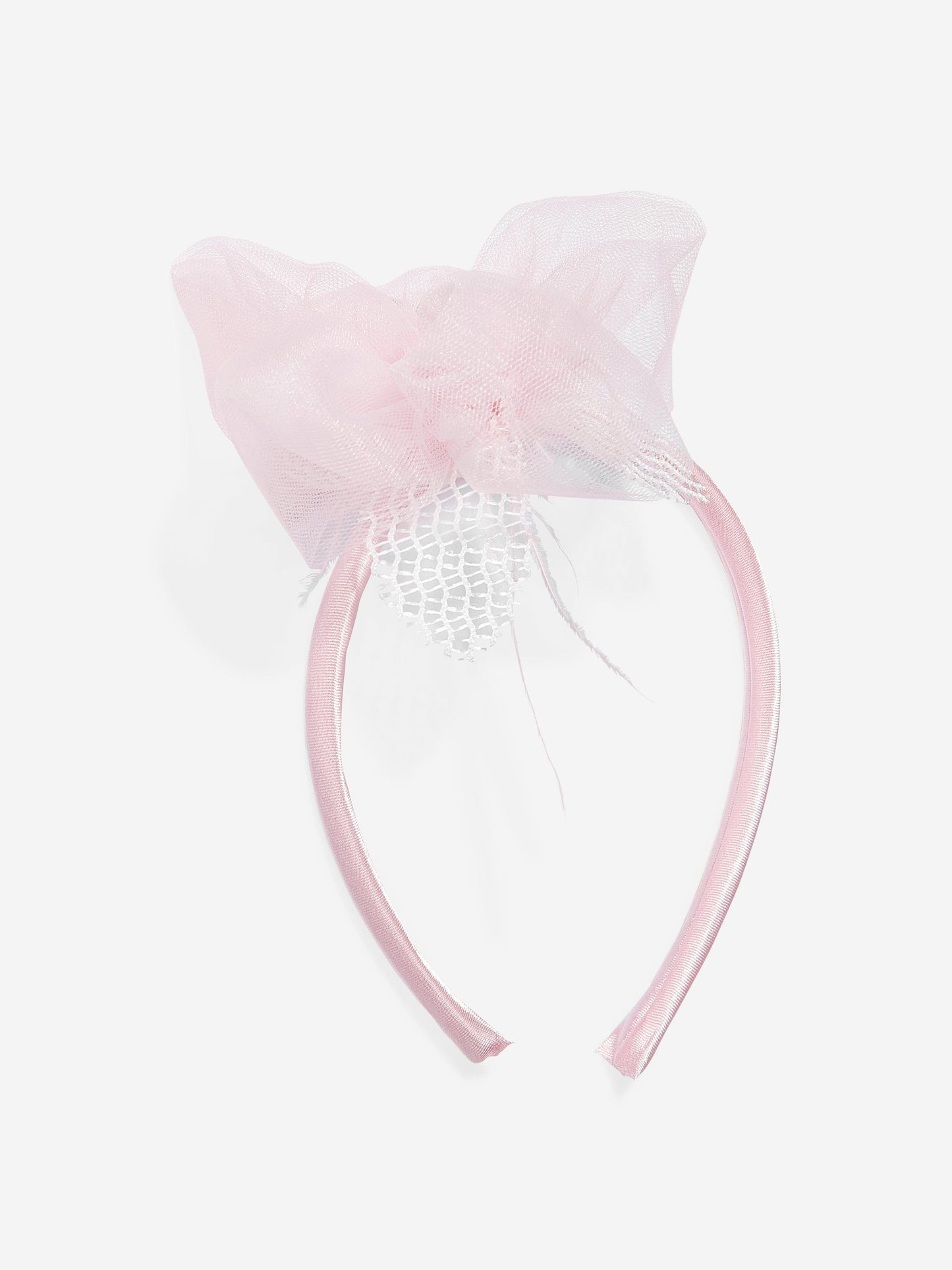 Pink tulle flower headband with white lace applique