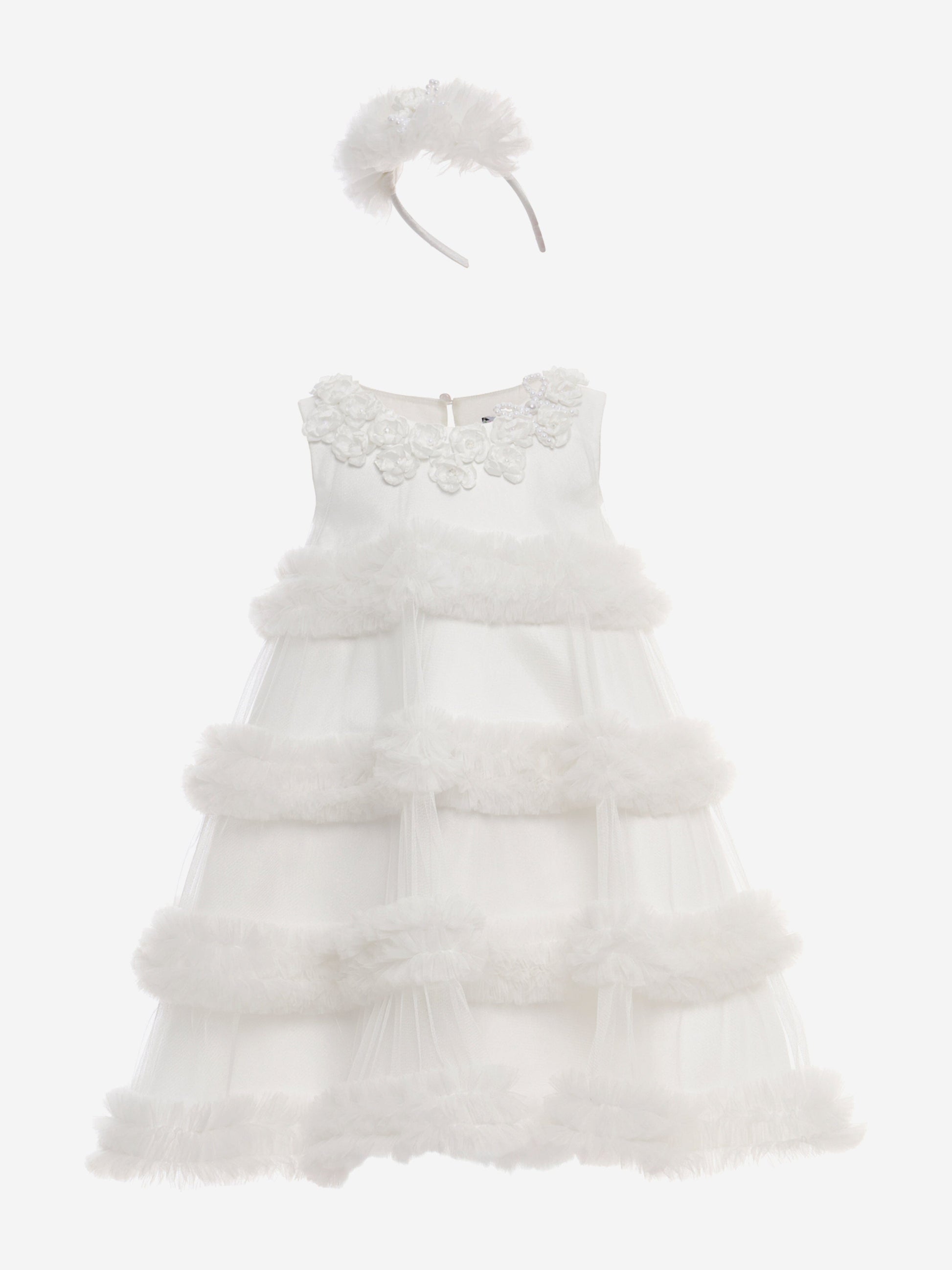 Ivory girls occasion dress with tiered ruffled skirt and matching feather headband