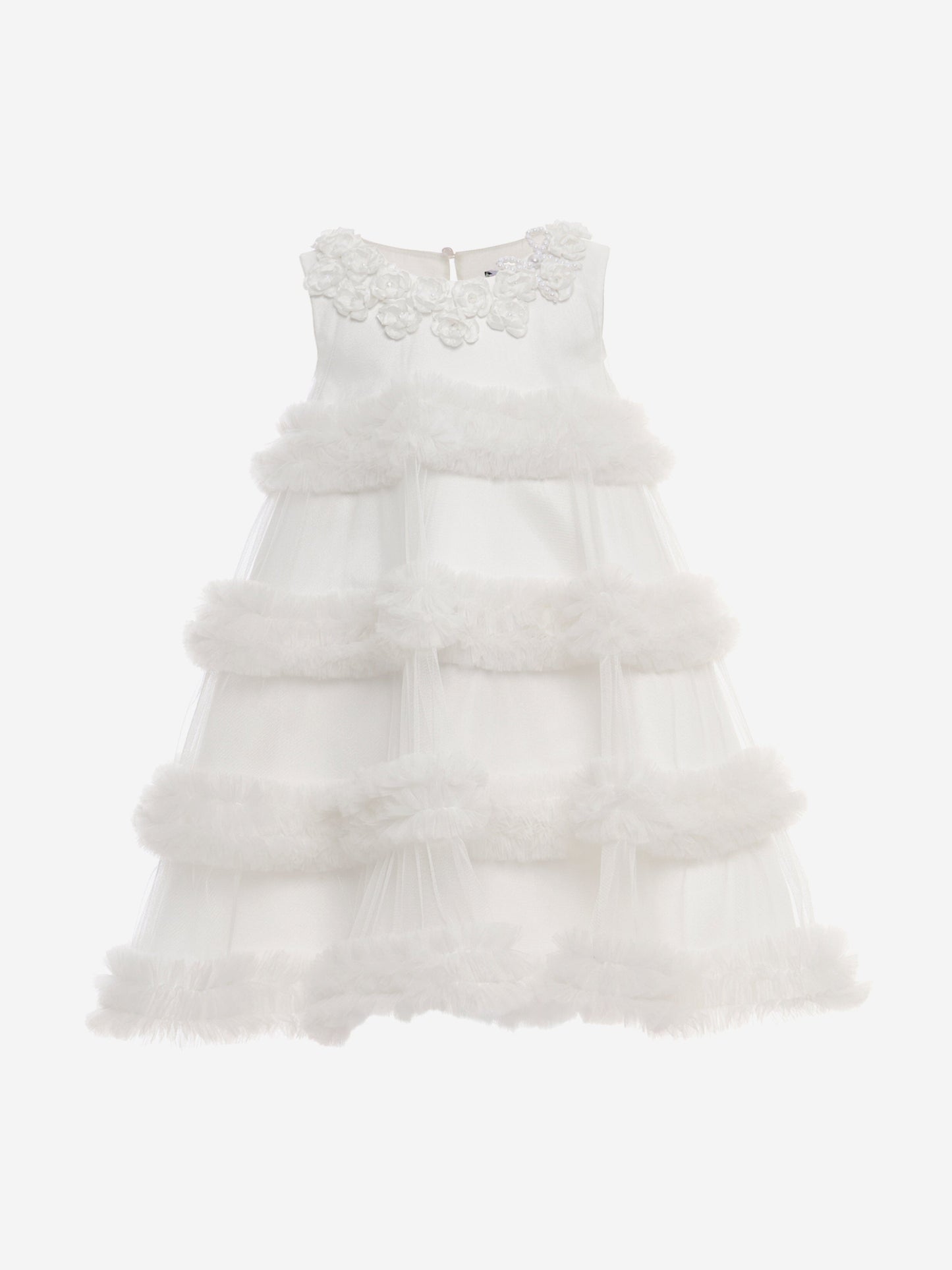 Ivory layered tulle occasion dress with floral neckline appliqué details