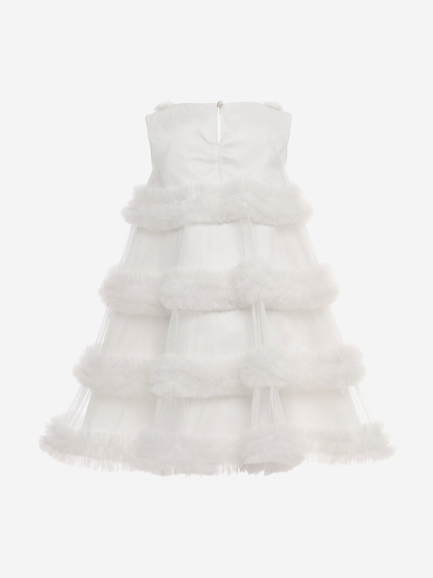 Ivory tiered tulle occasion dress, buttoned back with soft ruffle layers
