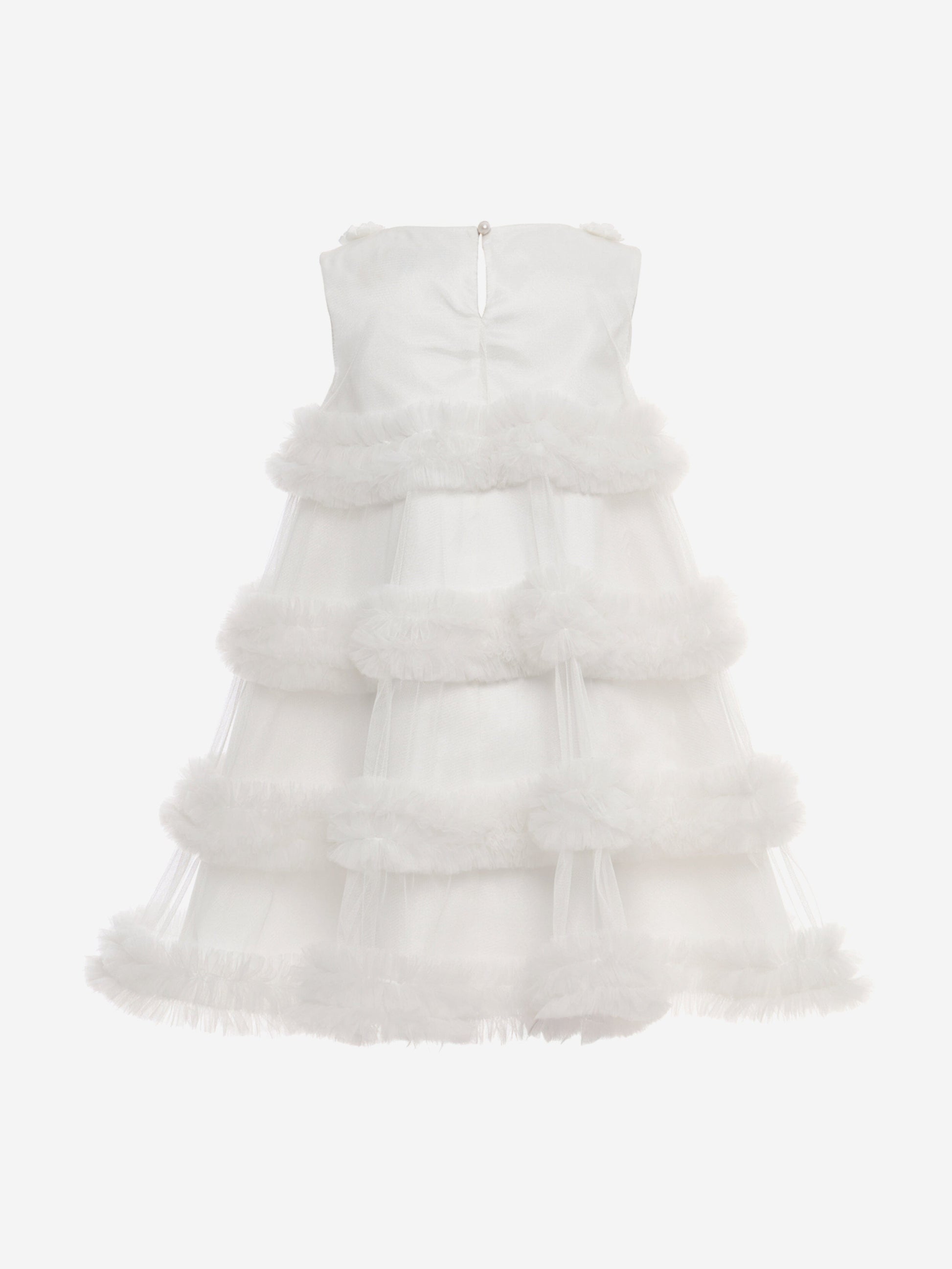 Ivory back view of tiered tulle occasion dress with central button fastening