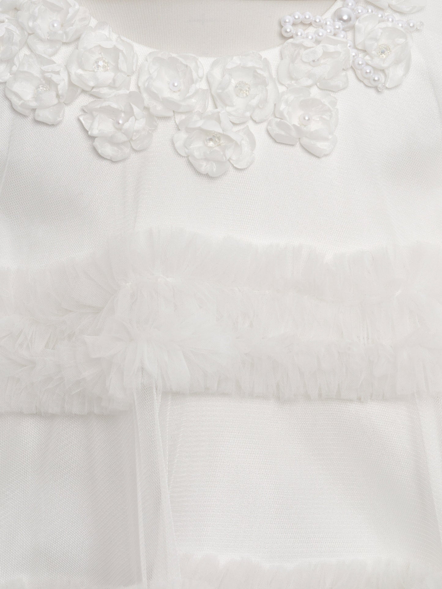 Ivory girls occasion dress with layered flower appliqués and pearl trims