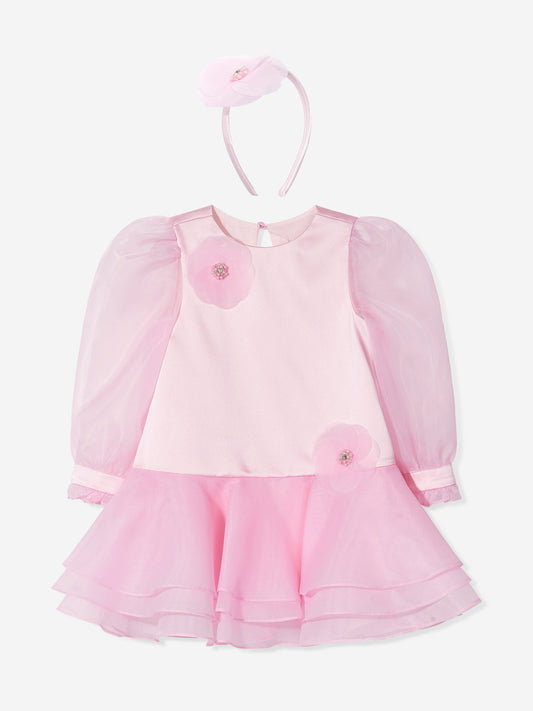 Pink occasion dress front view with organza sleeves and flower appliqués