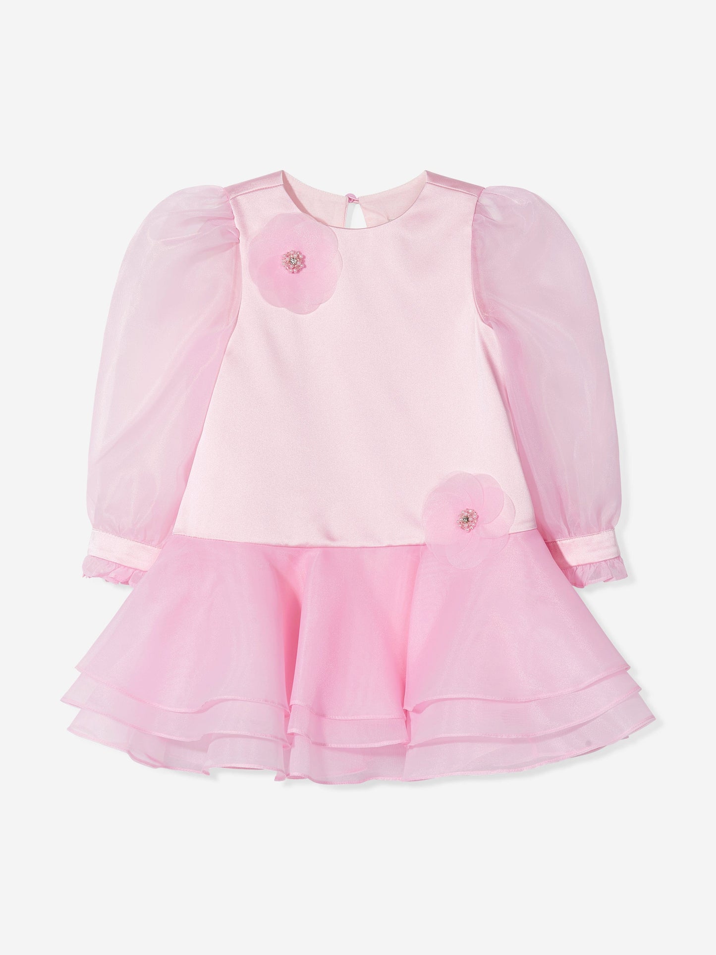 Pink girls’ occasion dress flat lay with puff sleeves and layered ruffle skirt