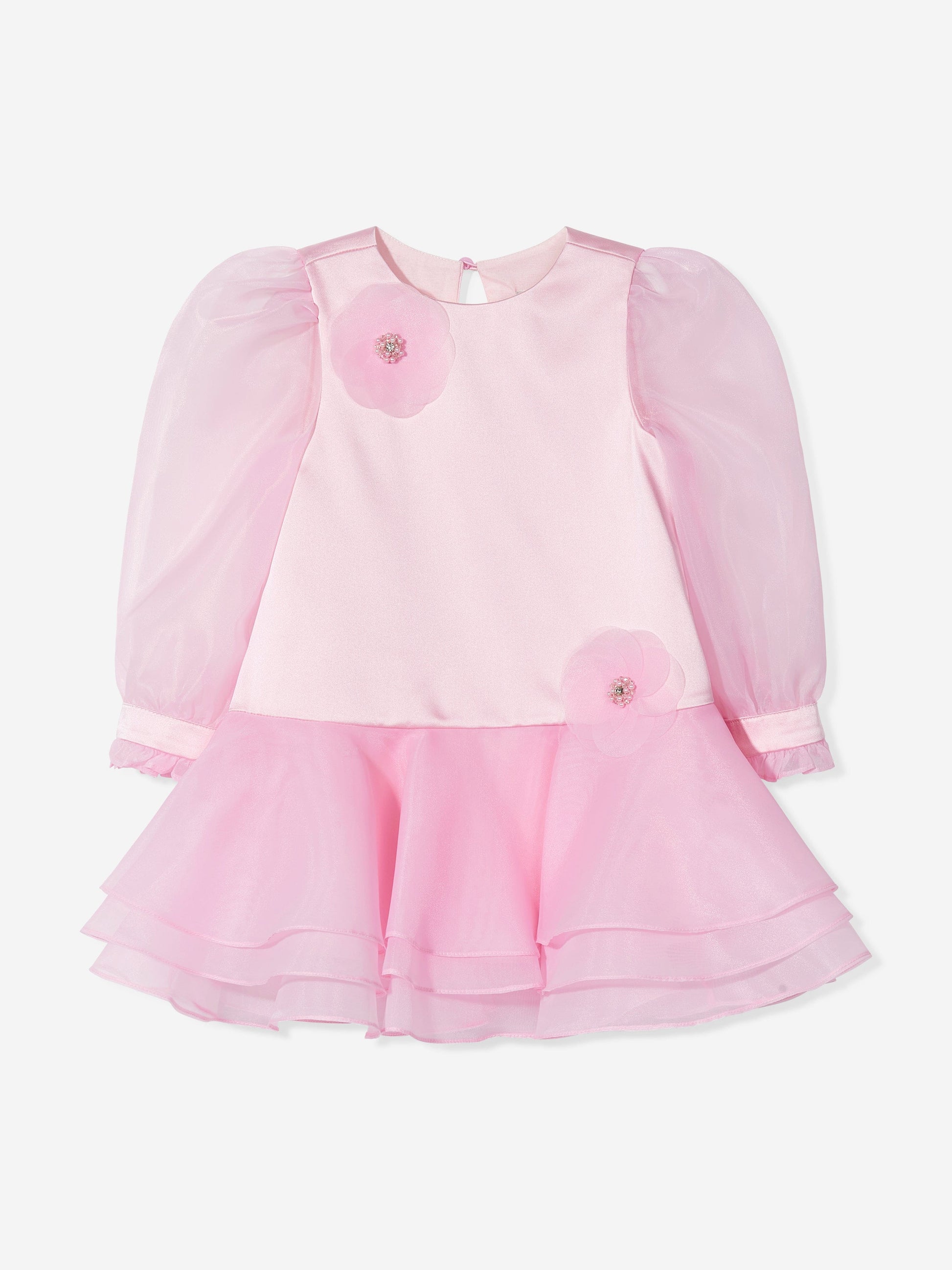 Pink girls’ occasion dress flat lay with puff sleeves and layered ruffle skirt
