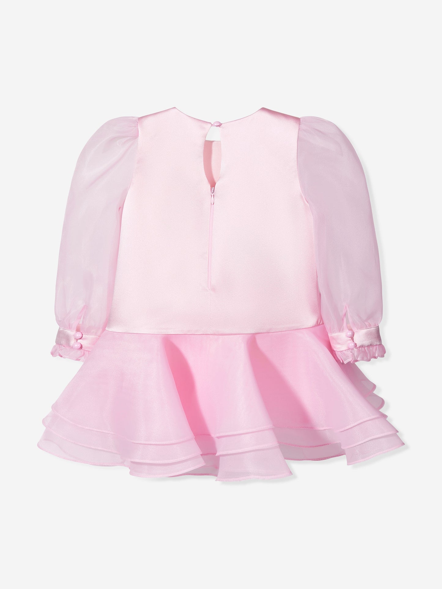 Pink occasion dress back view with zipper and layered ruffle hem