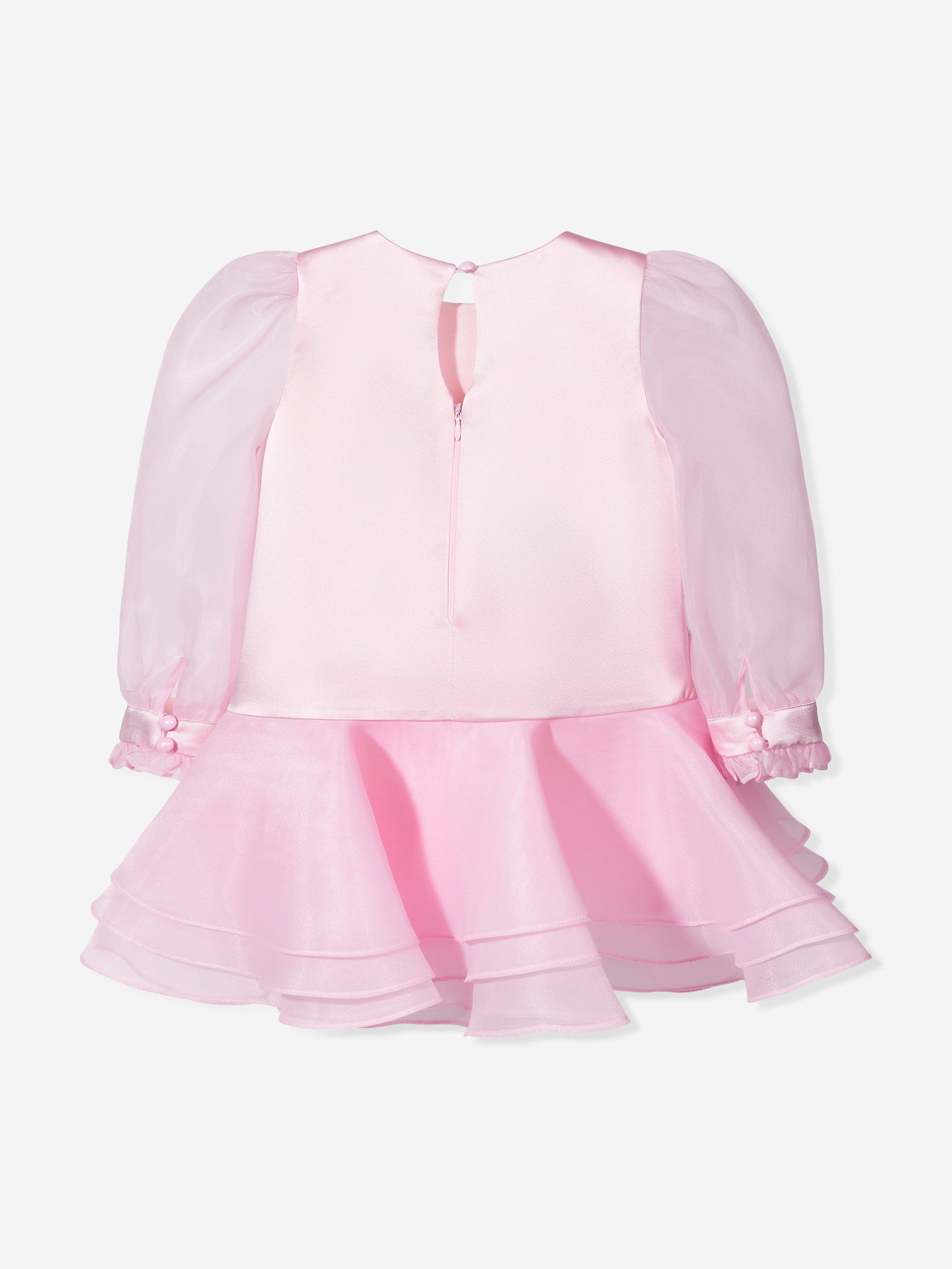 Pink occasion dress back view with zipper and layered ruffle hem