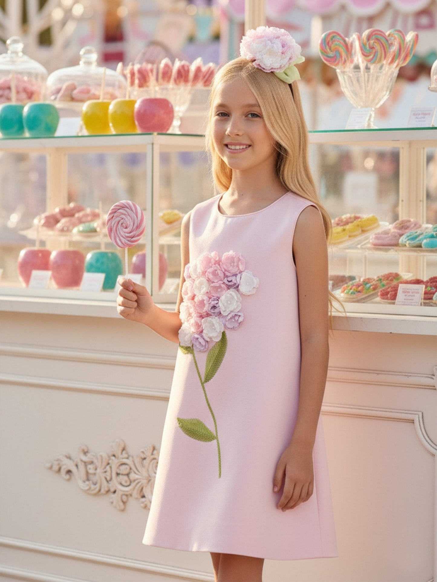 Pink sleeveless dress with embroidered flower; girl wearing matching flower headband