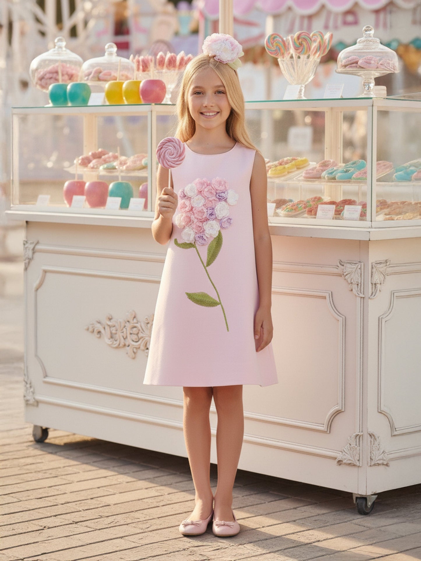Pink girls occasion dress with 3D flower applique and matching headband