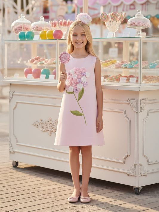 Pink girls occasion dress with 3D flower applique and matching headband