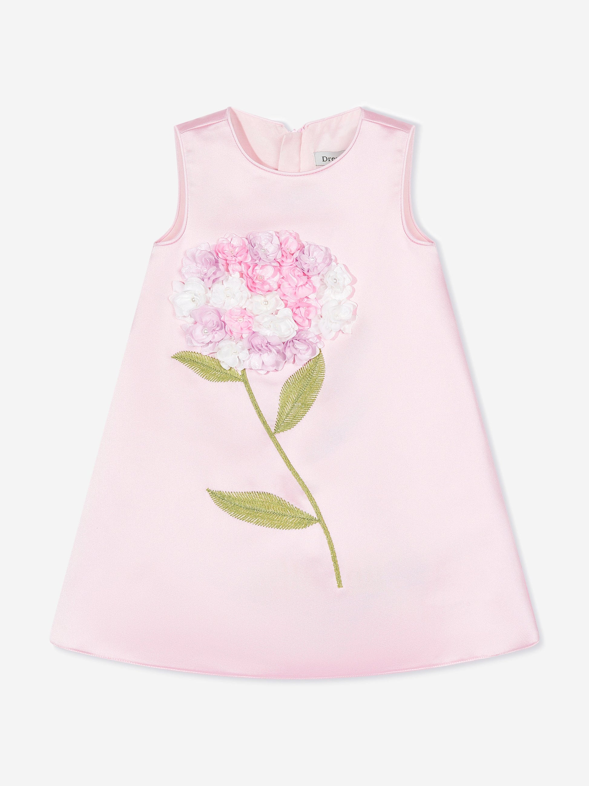 Pink sleeveless occasion dress with large 3D flower appliqué on front