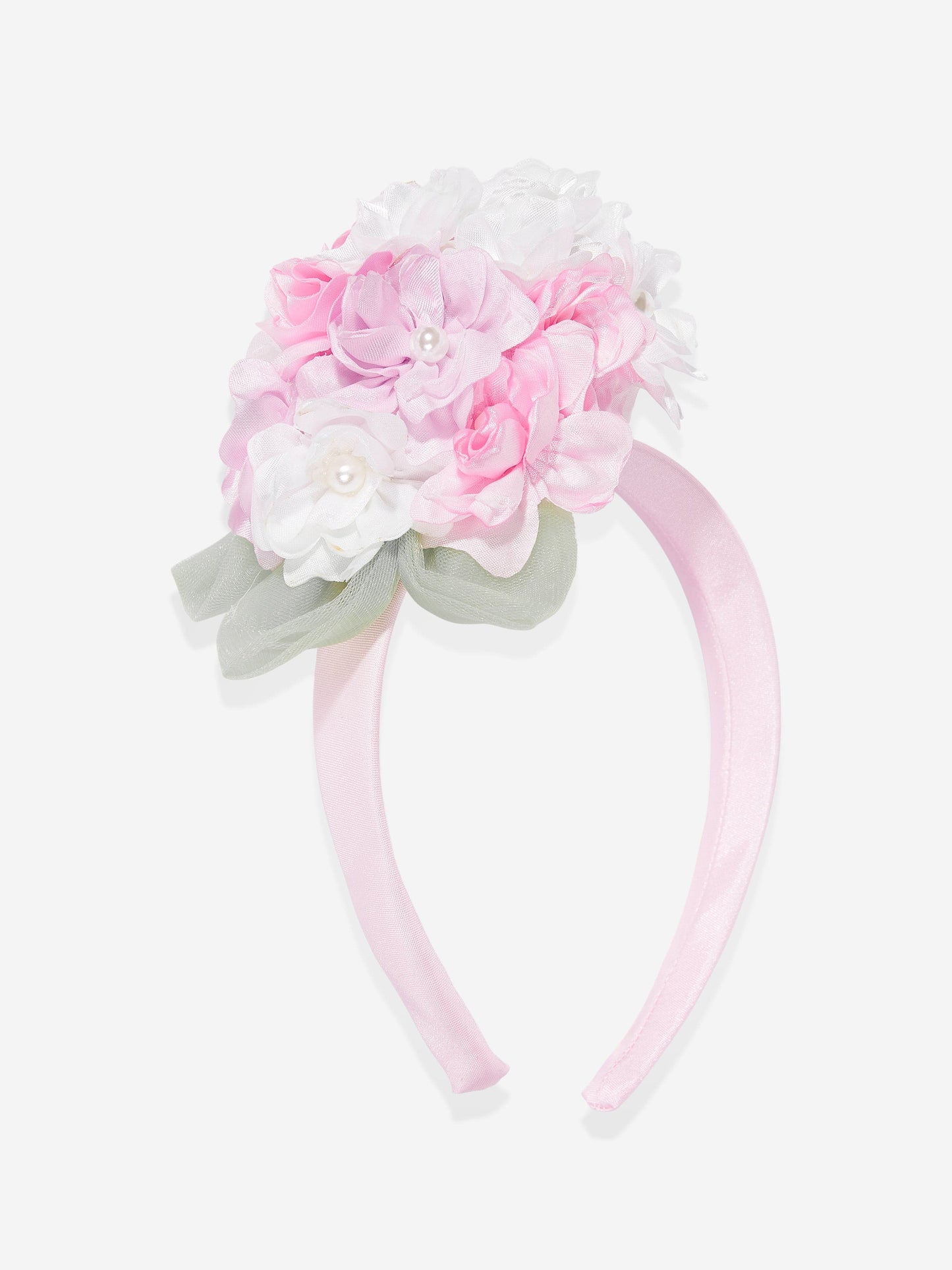 Pink fabric headband with large pink and white flower and pearl detail