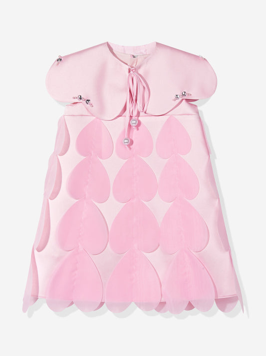 Pink girls occasion dress with matching heart-shaped cape, bow neckline and pearl details