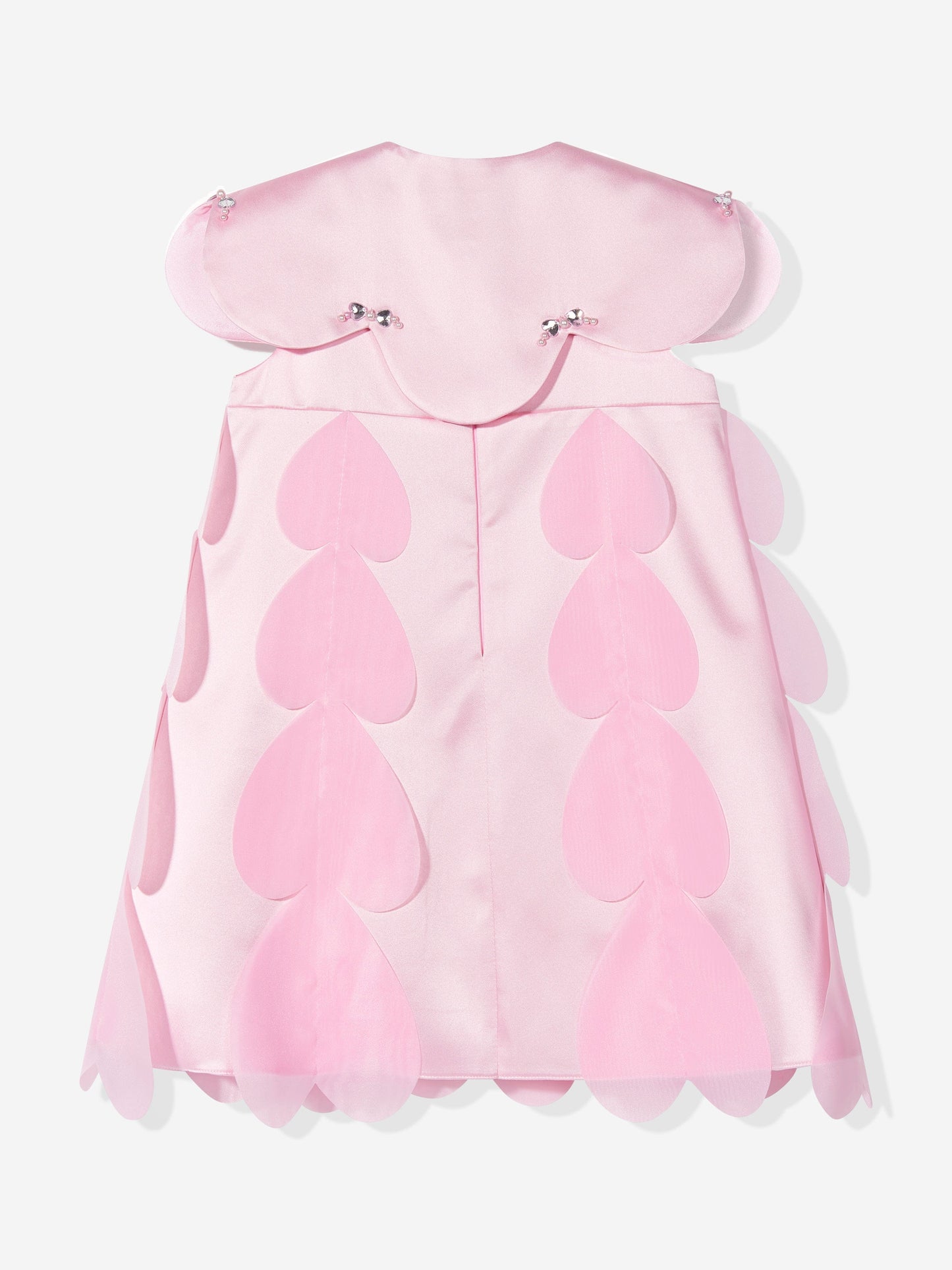 Back view: pink occasion dress with heart-shaped cape and buttoned shoulder clasps