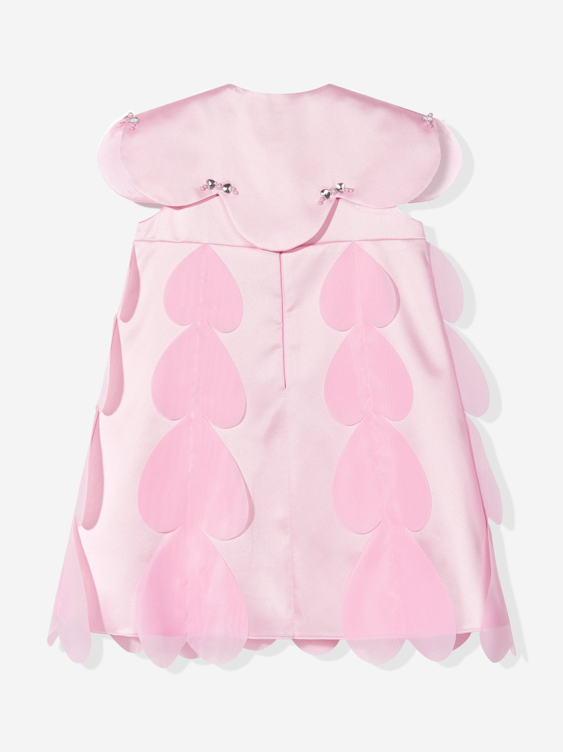Back view: pink occasion dress with heart-shaped cape and buttoned shoulder clasps