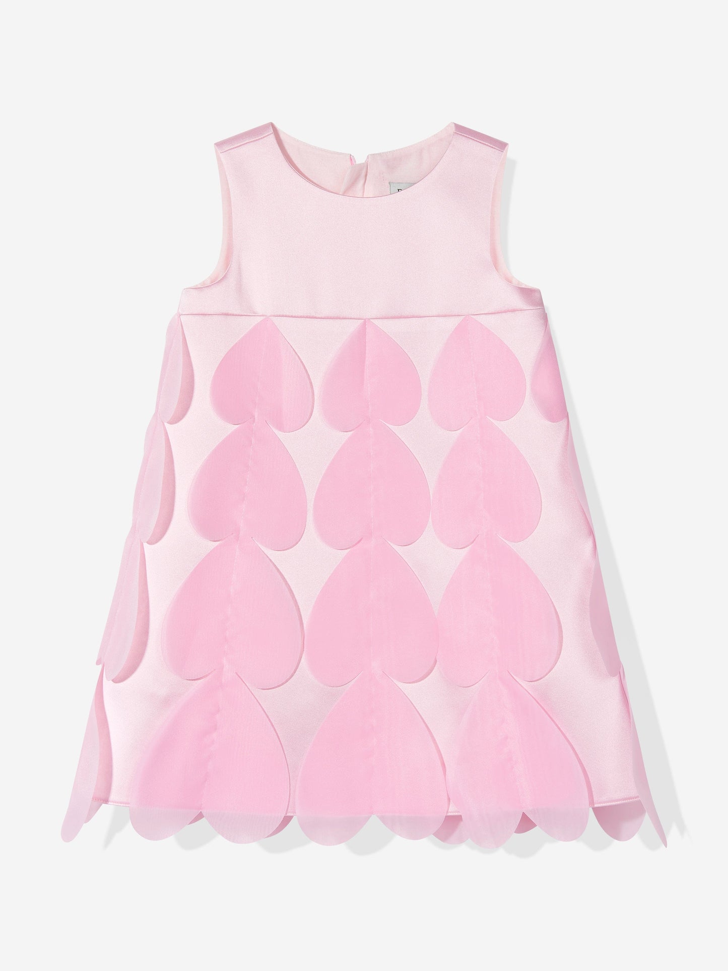 Pink sleeveless occasion dress with layered heart applique hem