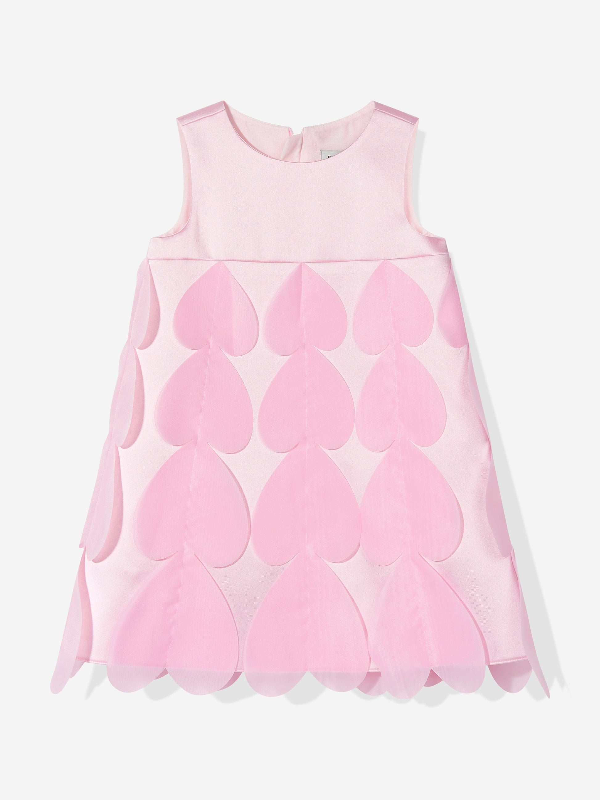 Pink sleeveless occasion dress with layered heart applique hem