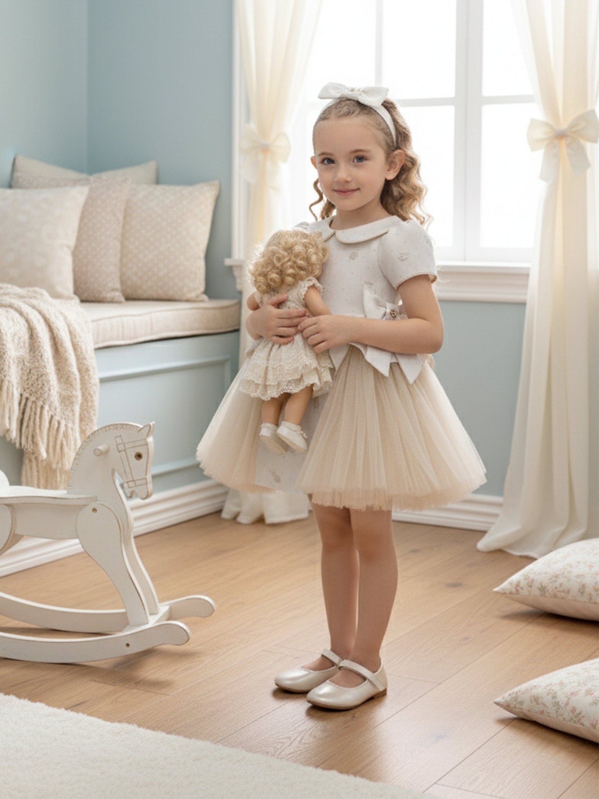 Ivory occasion dress with tulle skirt and matching headband