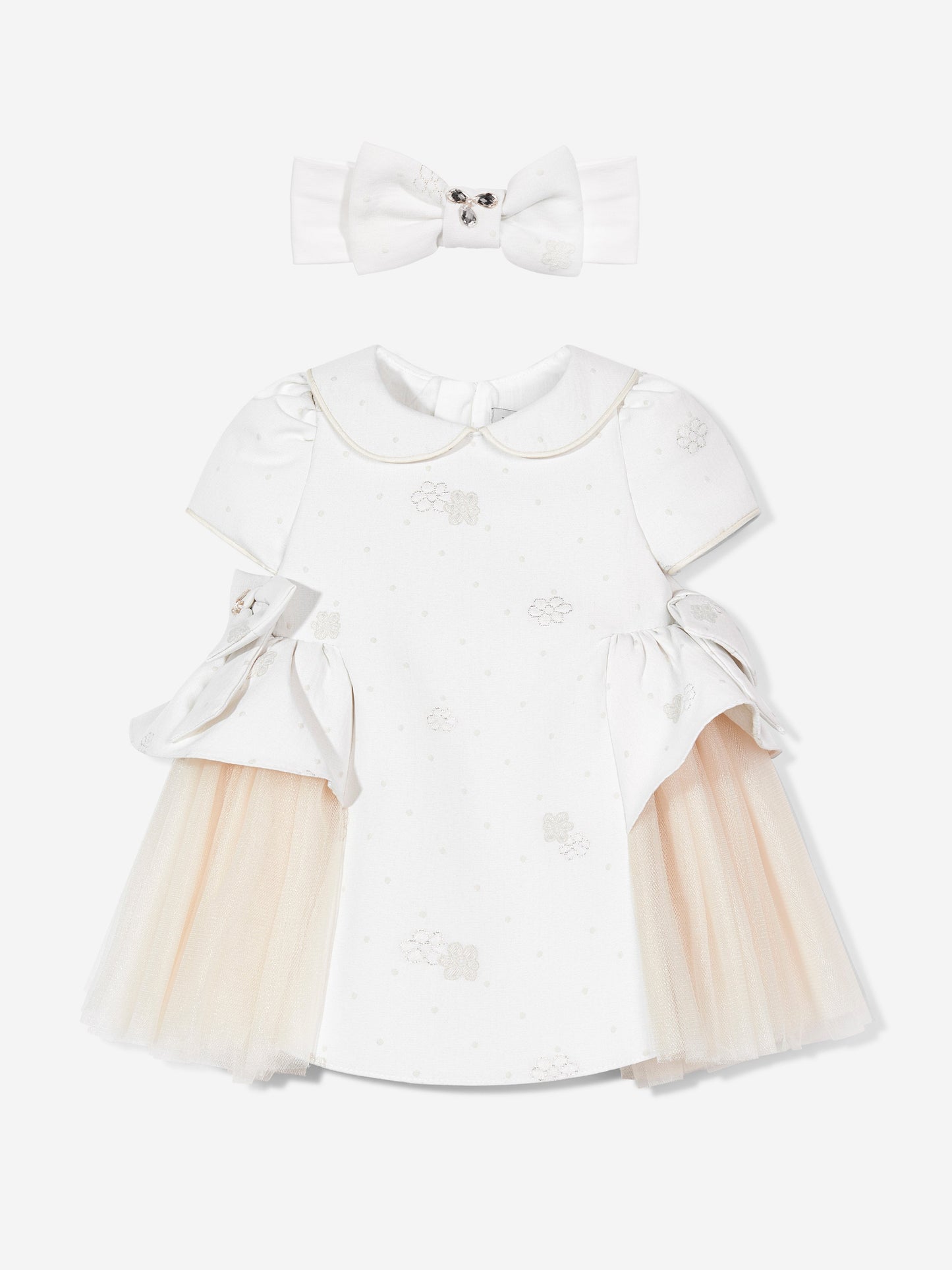Ivory baby dress with short sleeves, peter pan collar, tulle skirt