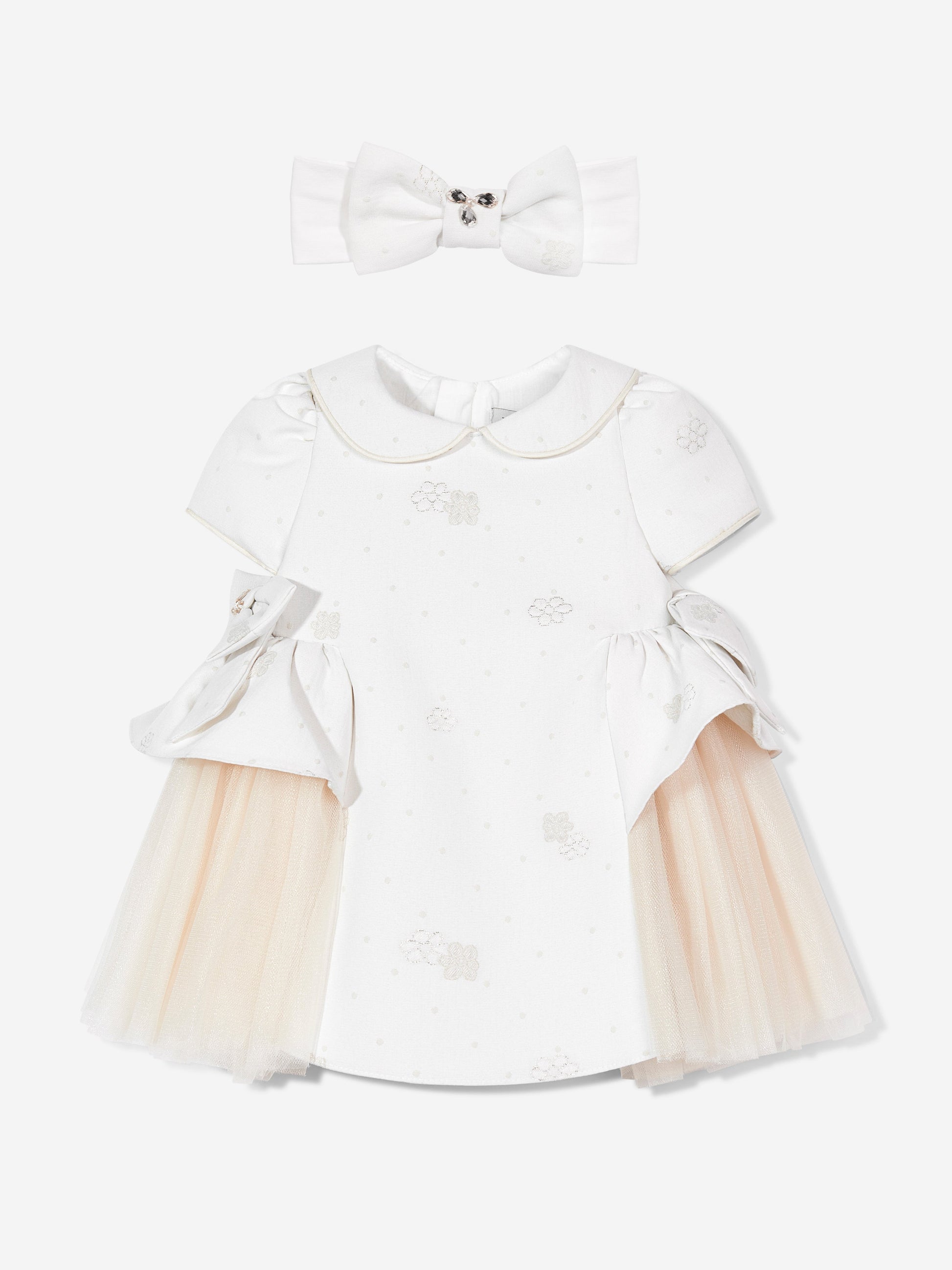 Ivory baby dress with short sleeves, peter pan collar, tulle skirt