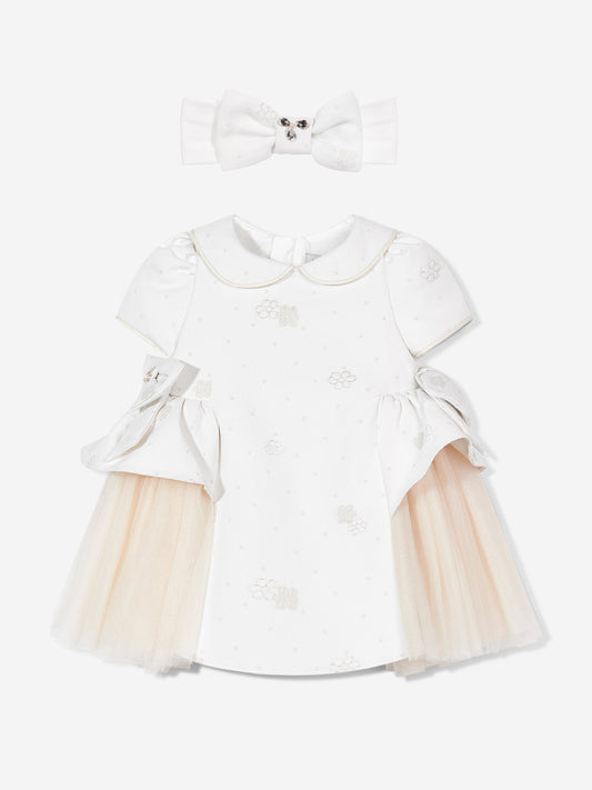 Ivory baby dress with short sleeves, peter pan collar, tulle skirt