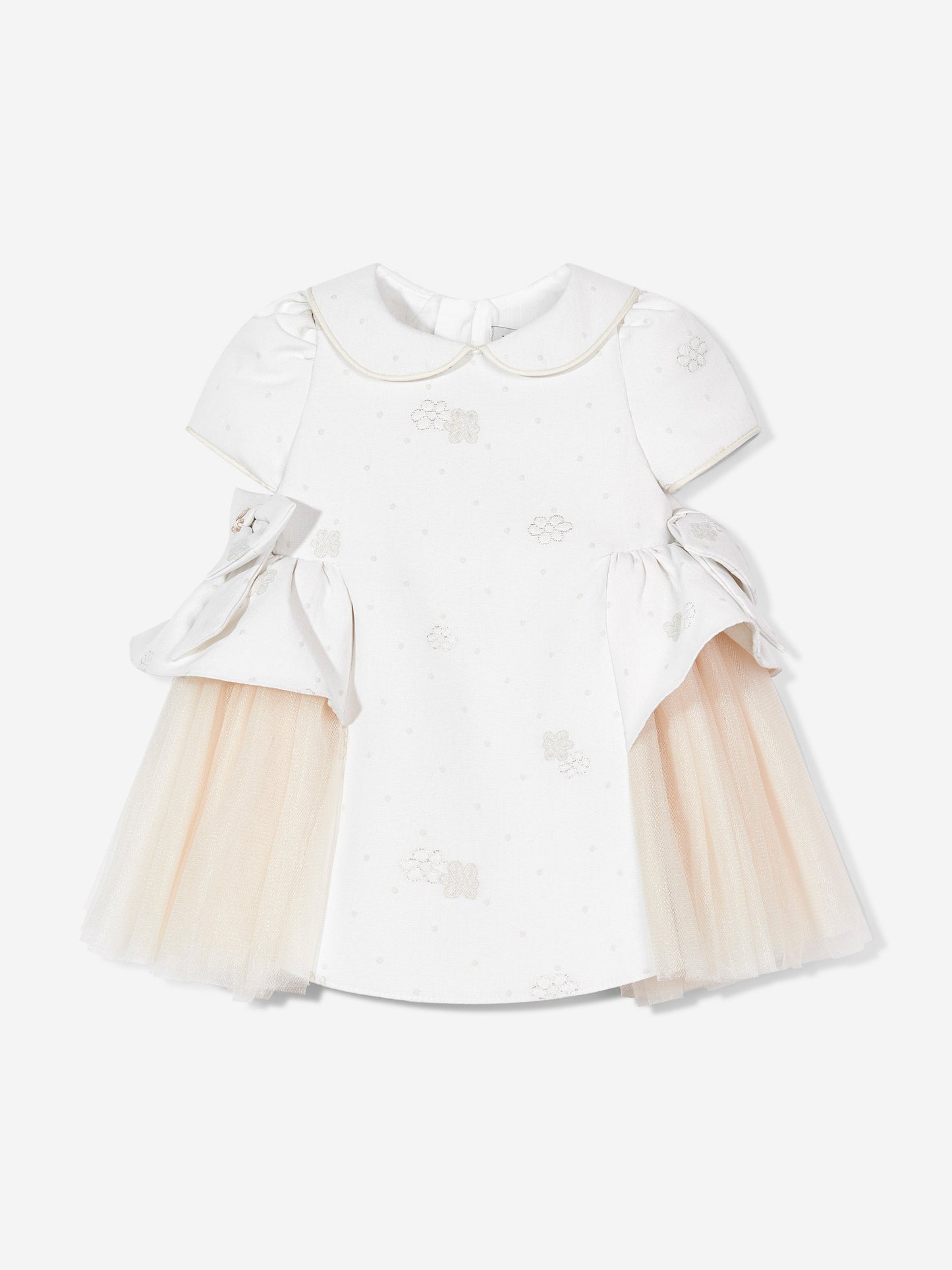 Ivory dress flat lay with short sleeves, scalloped collar, tulle skirt