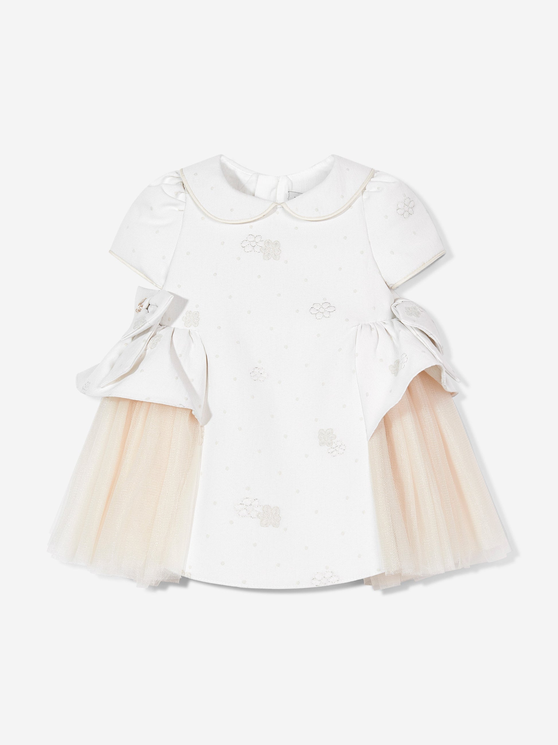 Ivory dress flat lay with short sleeves, scalloped collar, tulle skirt