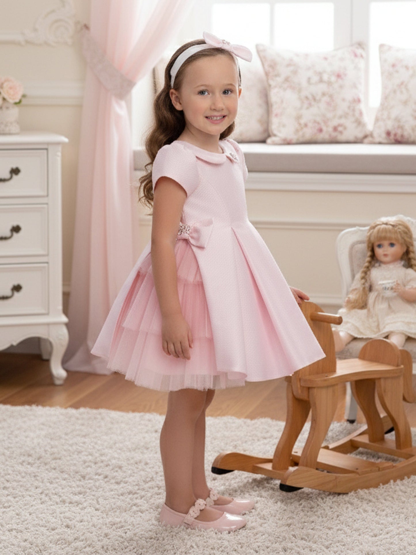 Pink baby occasion dress with headband, layered tulle skirt and short sleeves