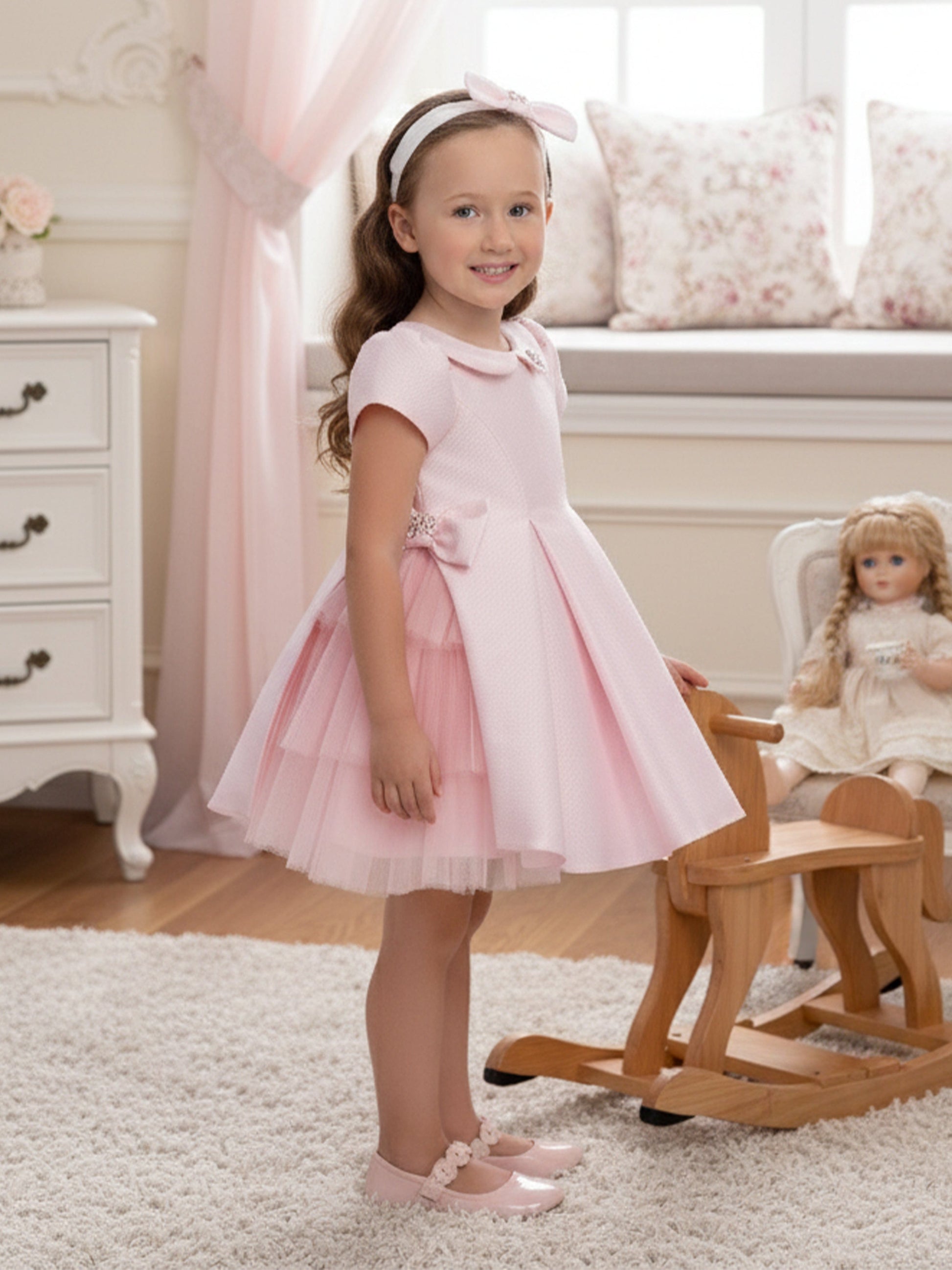 Pink baby occasion dress with headband, layered tulle skirt and short sleeves