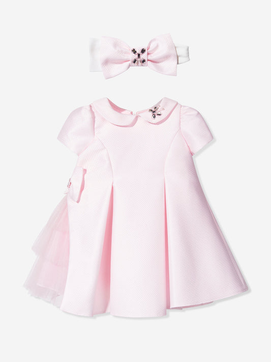 Pink baby dress with bow detail at collar and tulle skirt, short sleeves
