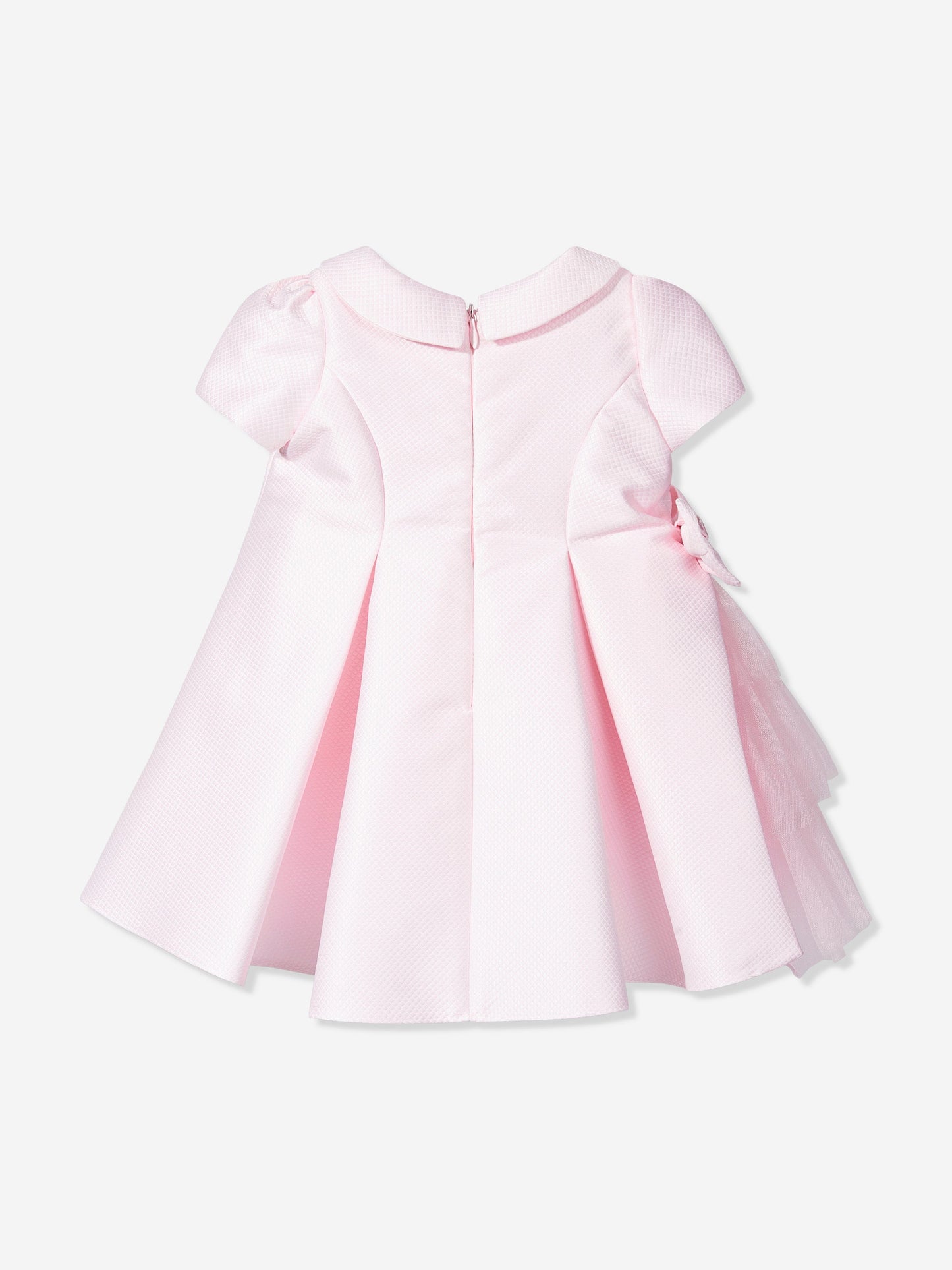 Pink baby dress back view with button closure and pleated skirt