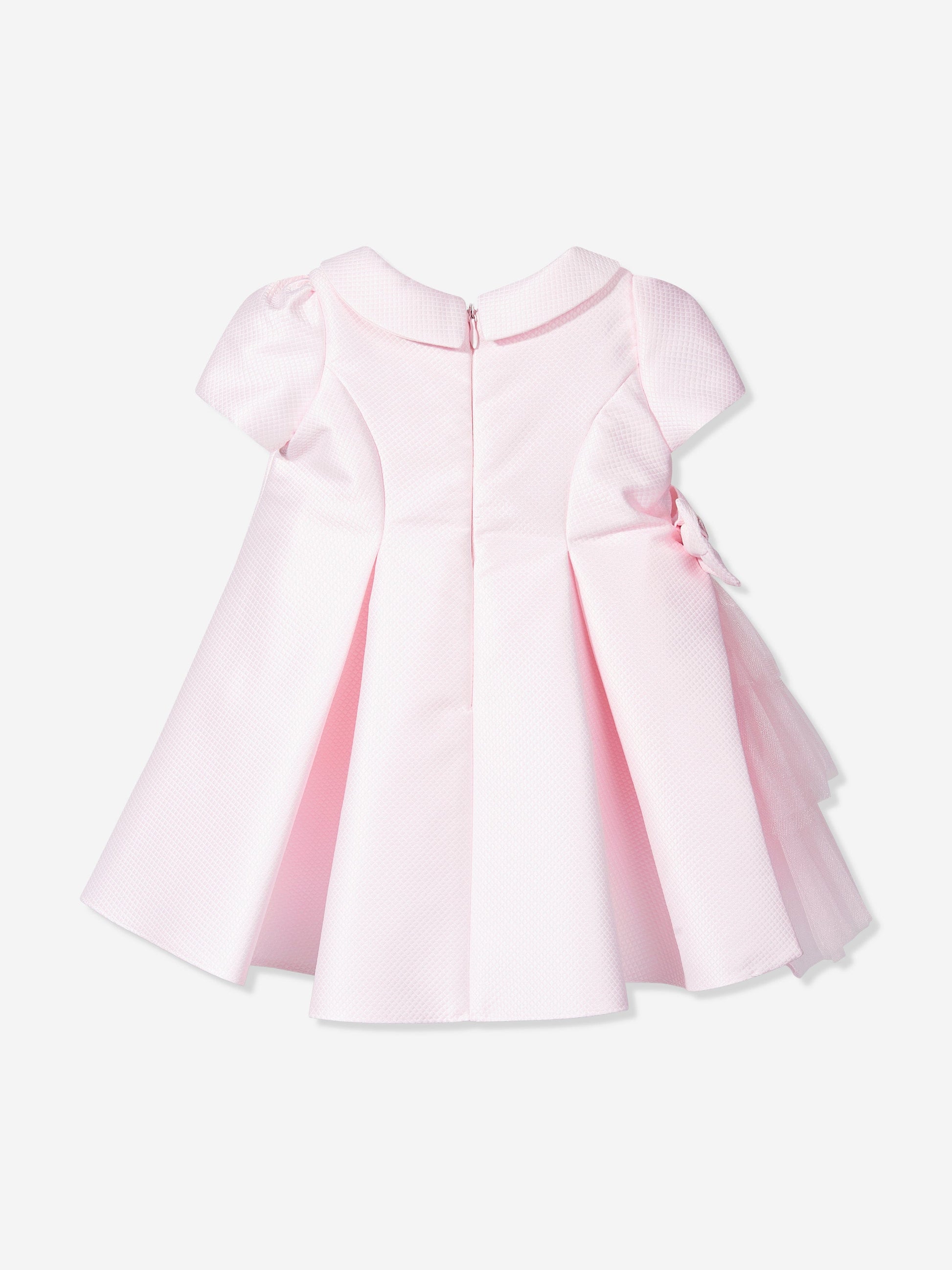 Pink baby dress back view with button closure and pleated skirt