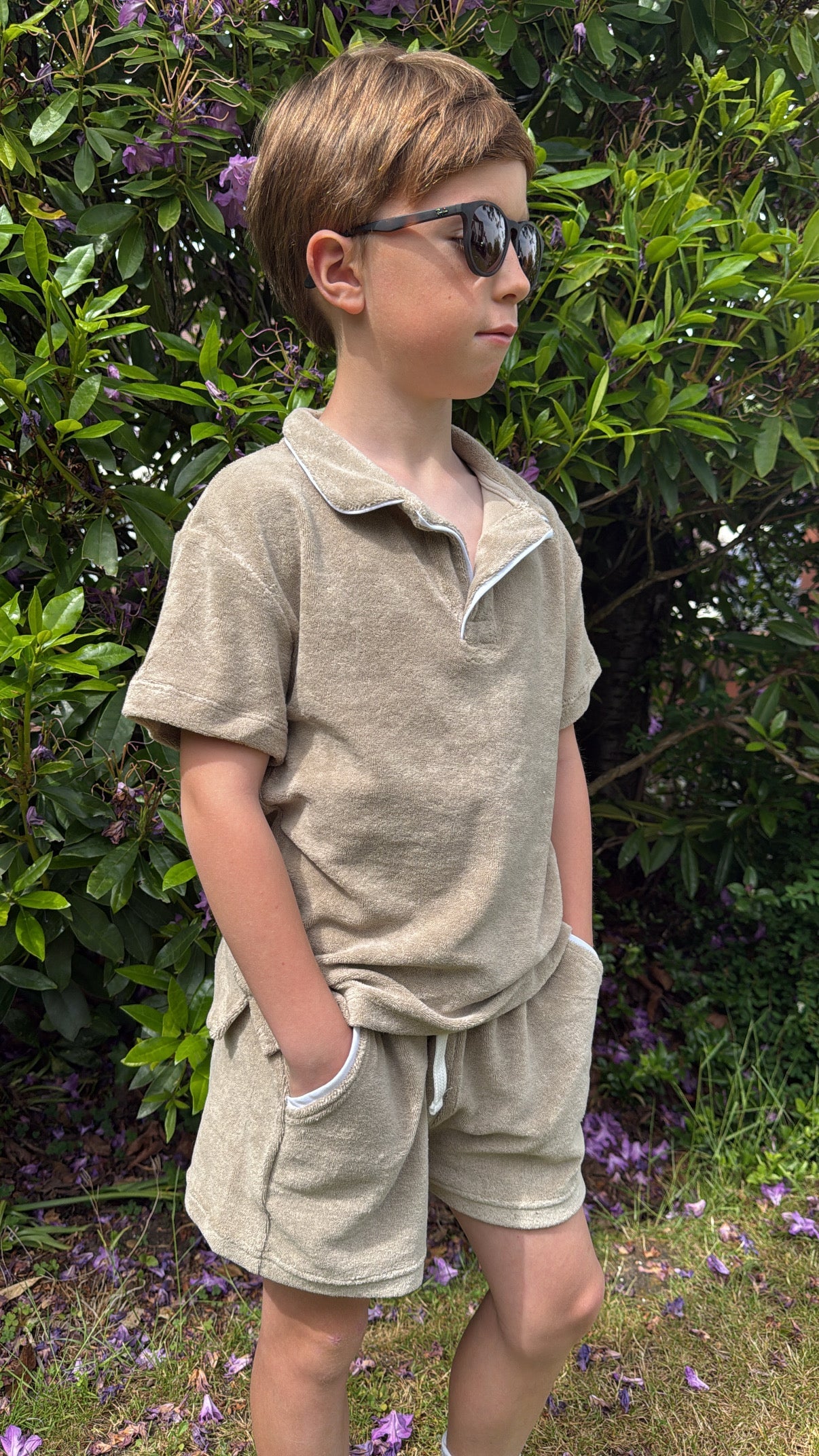 Beige towelling unisex polo short set with collar and matching drawstring shorts