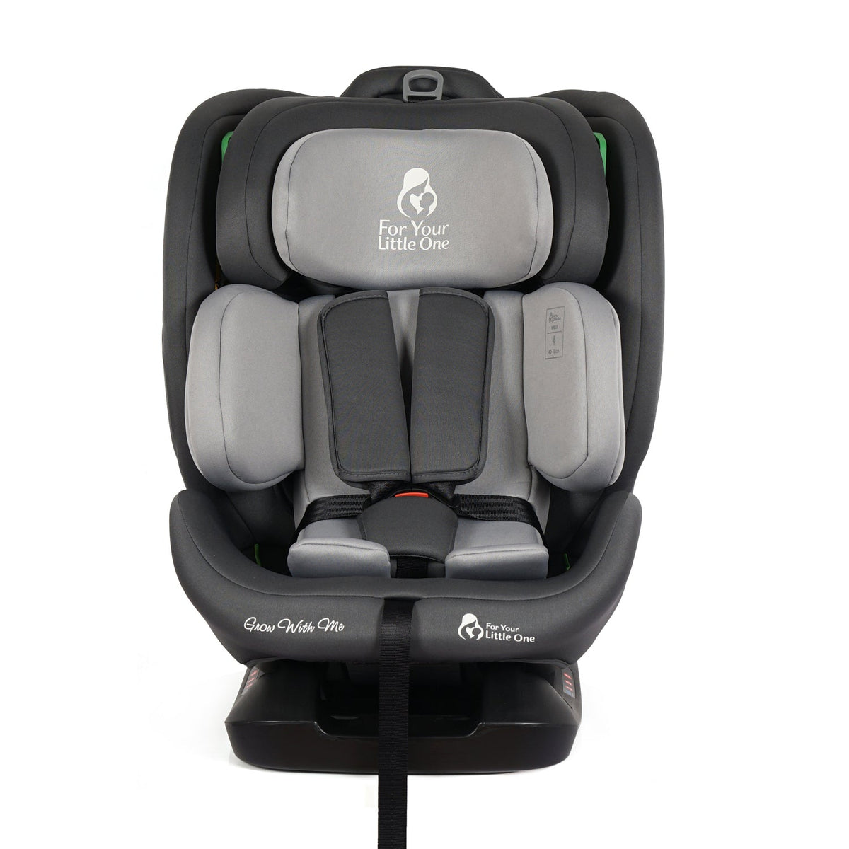 Convertible car seat, rear view, dark slate with light gray back padding and harness straps