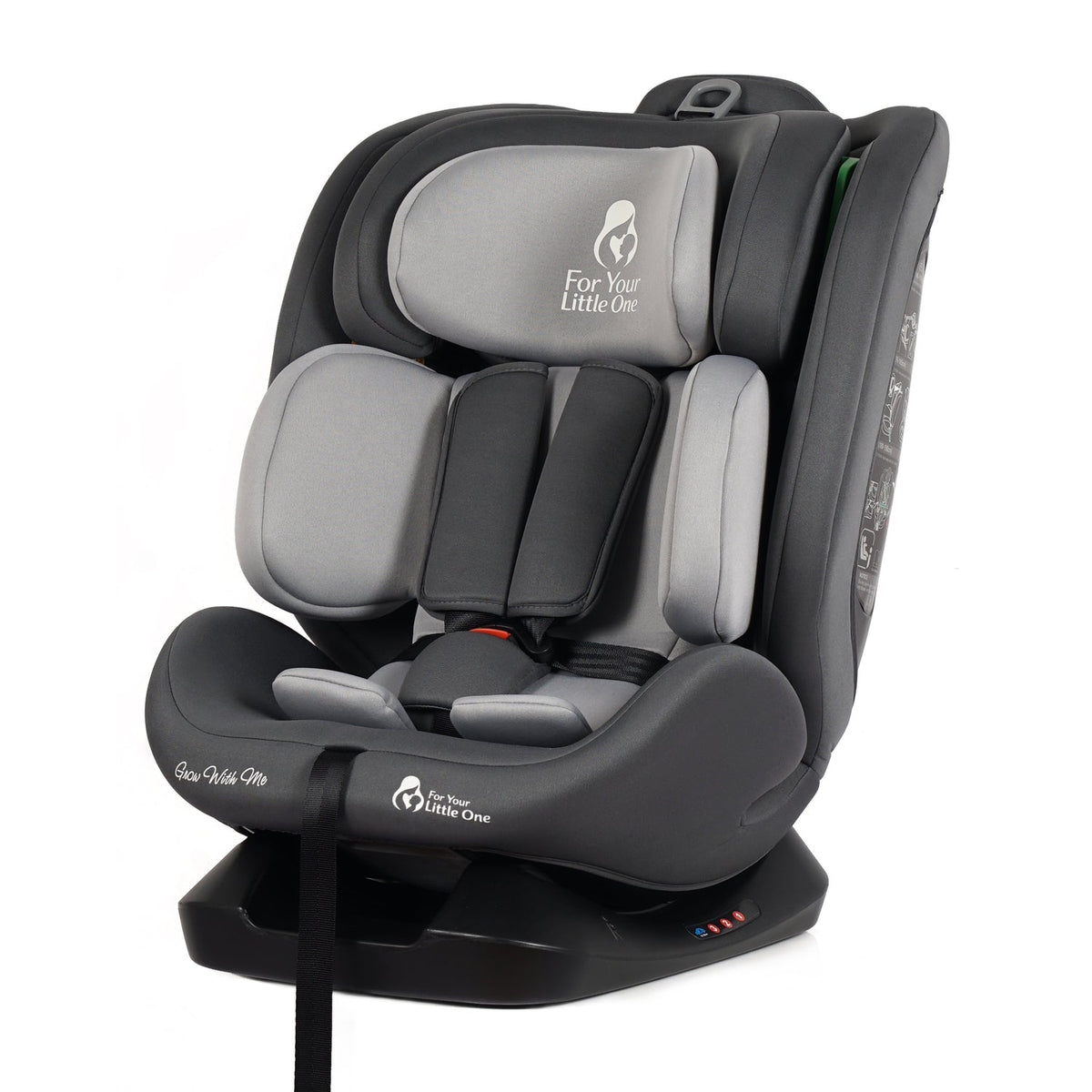 Convertible car seat, front view, dark slate with light gray padding and shoulder supports