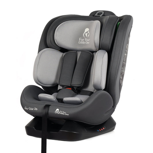 Convertible car seat, front view, dark slate with light gray padding and shoulder supports