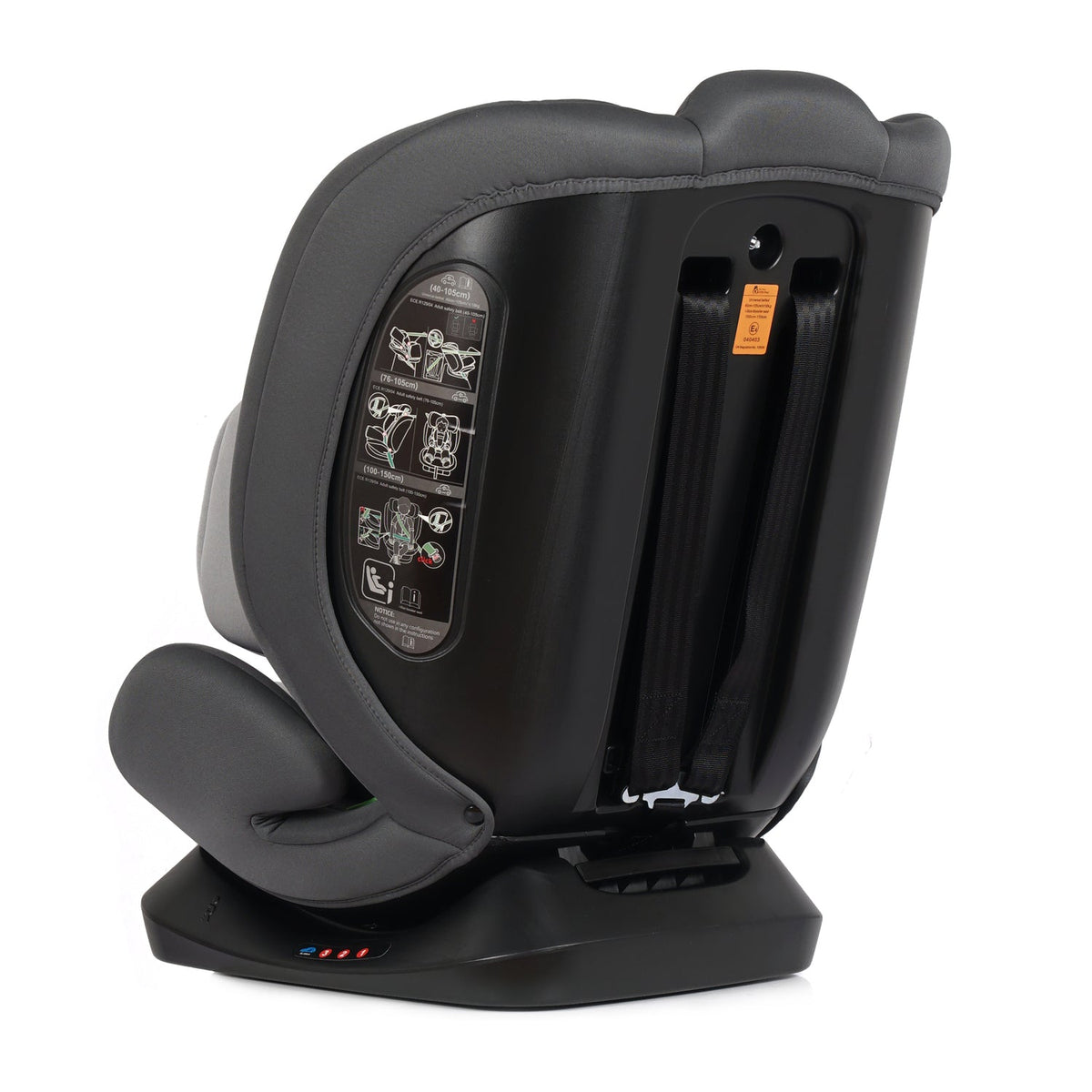Car seat back corner, dark slate shell with light gray pads and instruction label